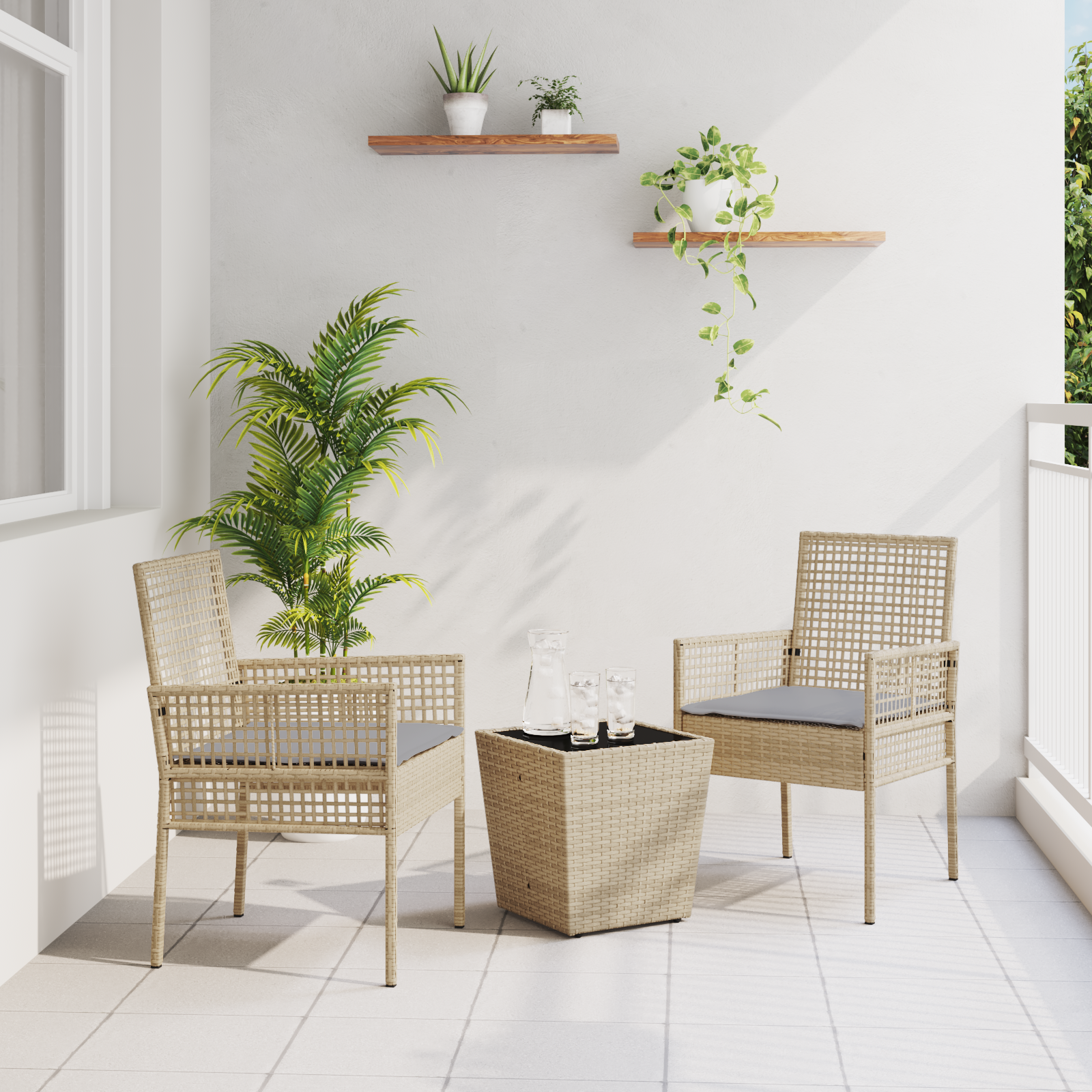 3 Piece Garden Bistro Set with Cushions Beige Poly Rattan