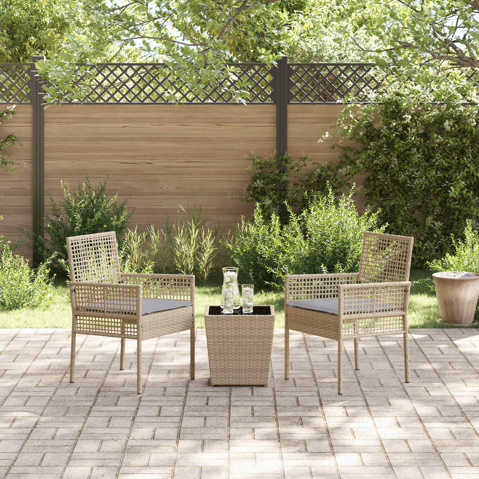 3 Piece Garden Bistro Set with Cushions Beige Poly Rattan - Image 4