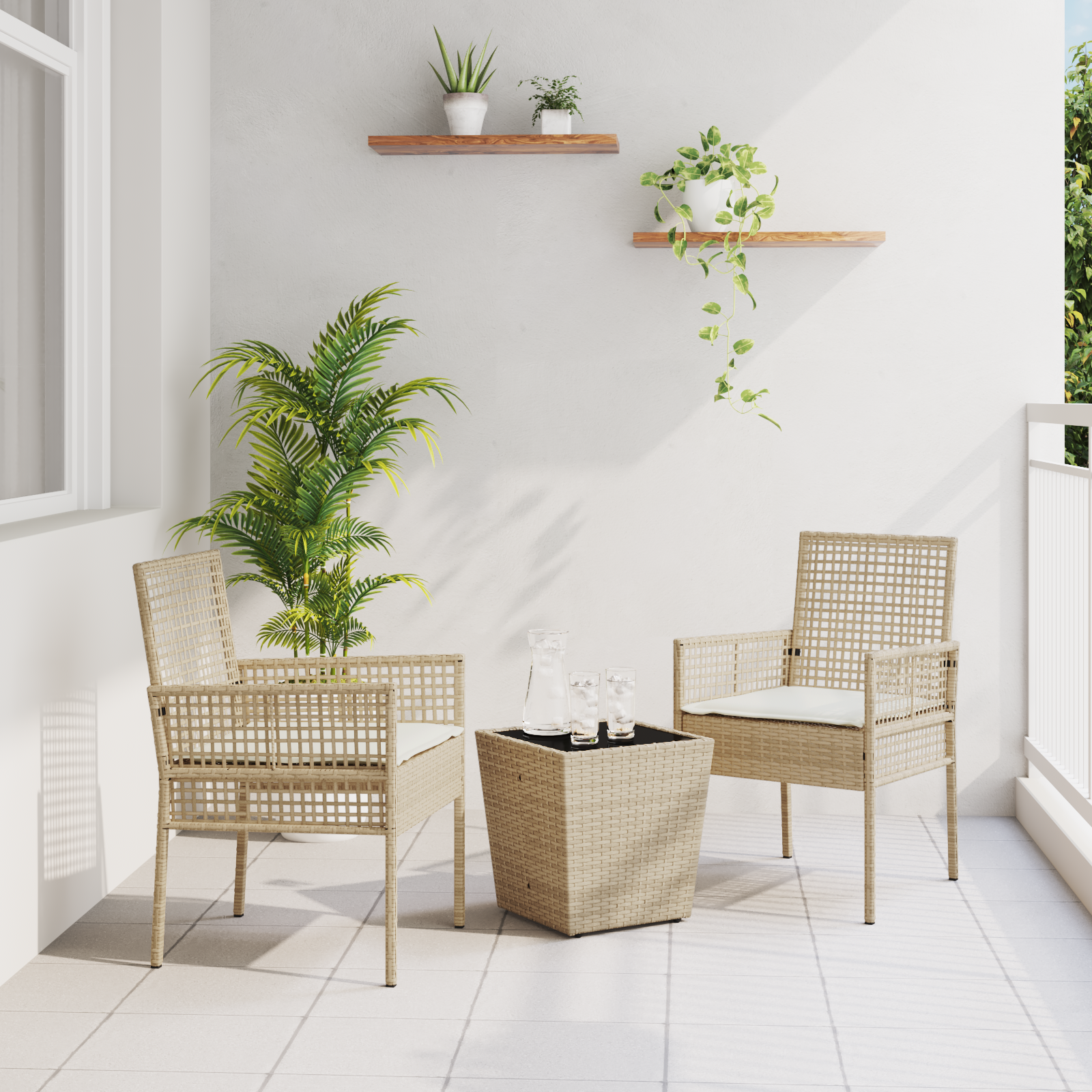 3 Piece Garden Bistro Set with Cushions Beige Poly Rattan