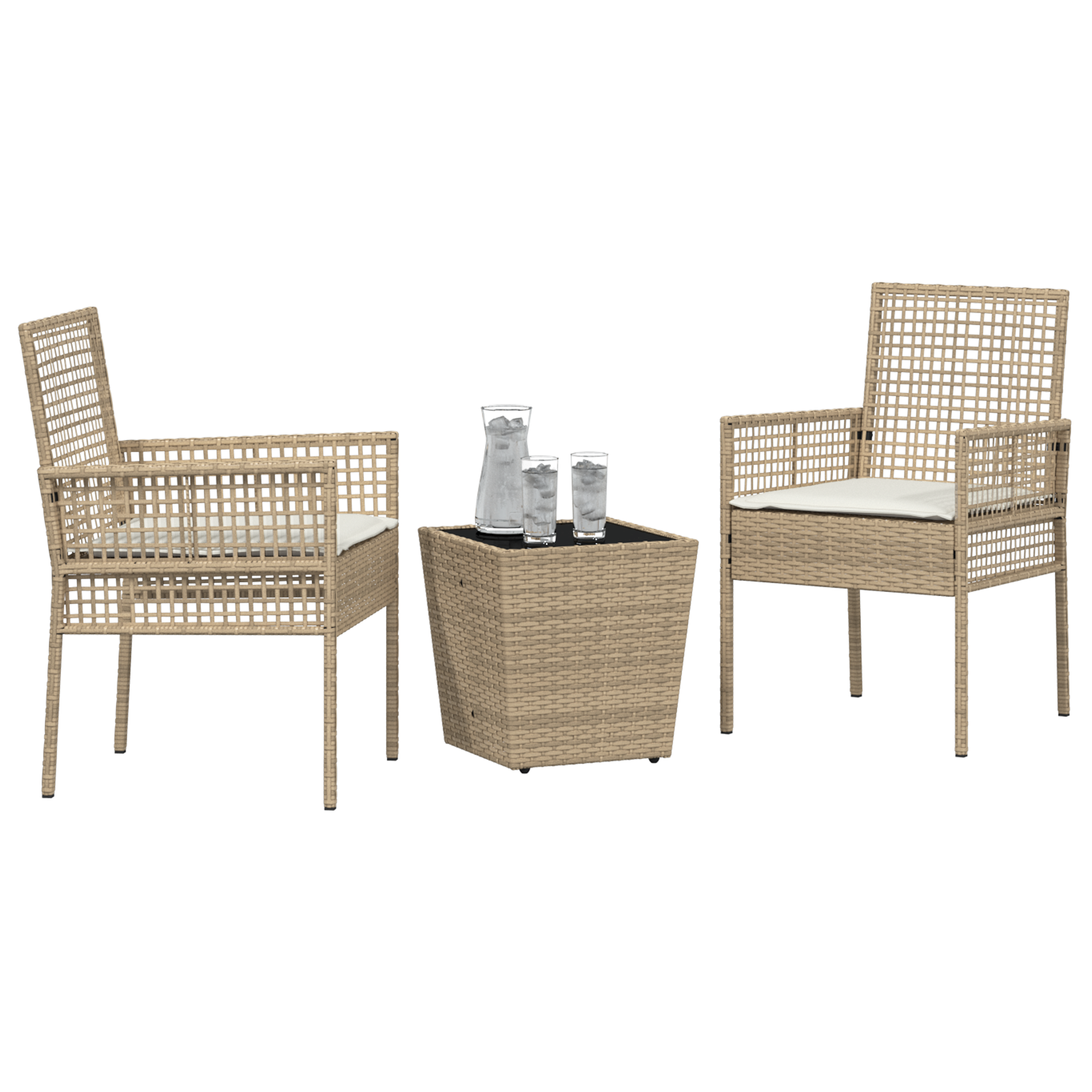 3 Piece Garden Bistro Set with Cushions Beige Poly Rattan - Image 3