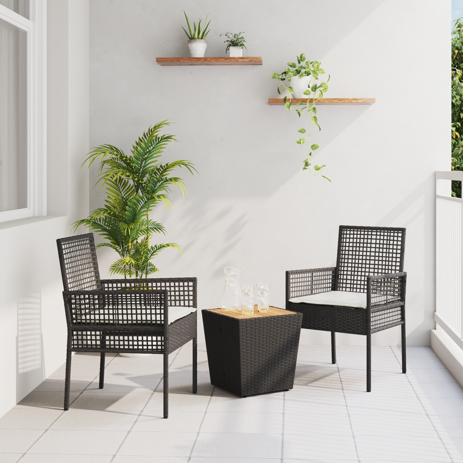3 Piece Garden Bistro Set with Cushions Black Poly Rattan
