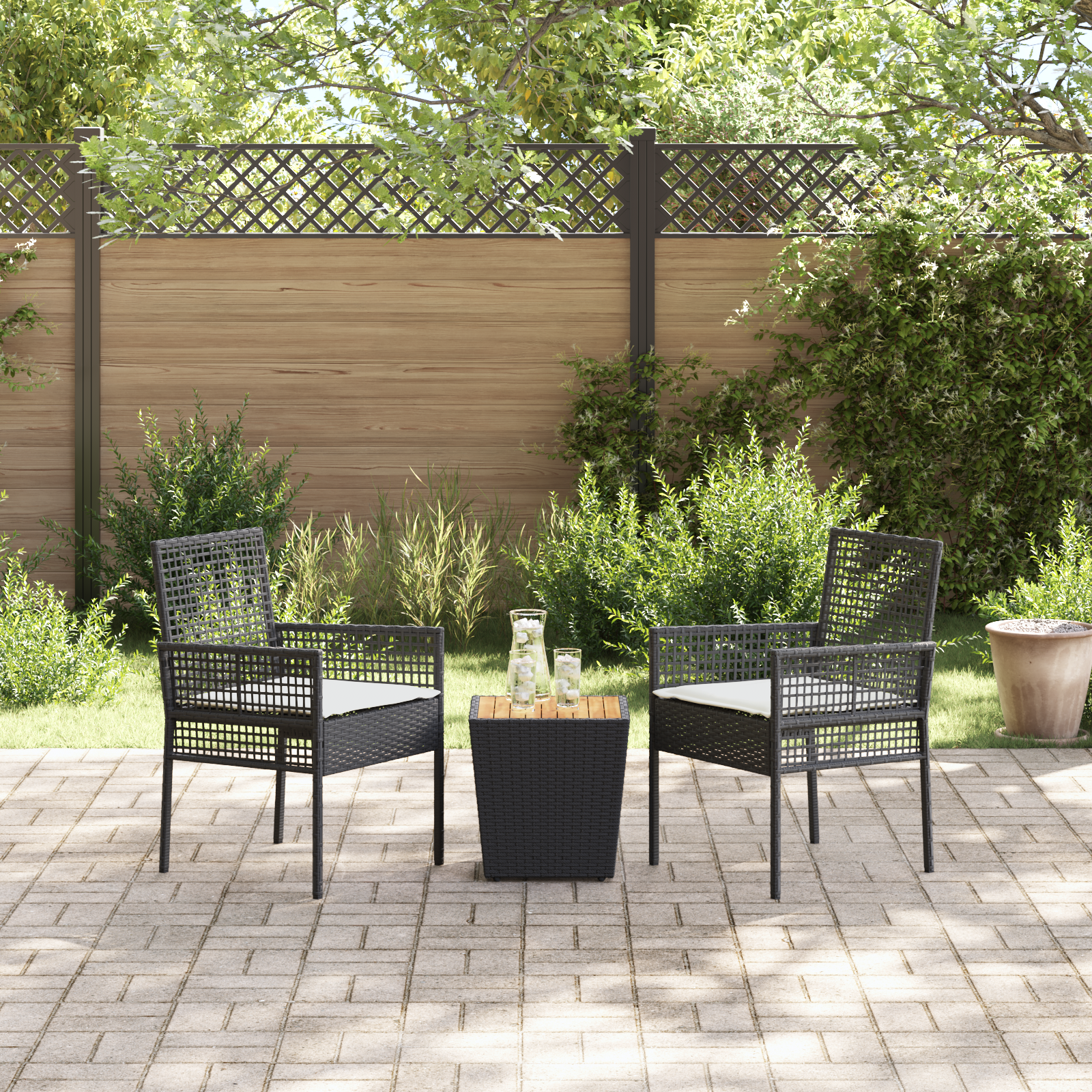 3 Piece Garden Bistro Set with Cushions Black Poly Rattan - Image 4