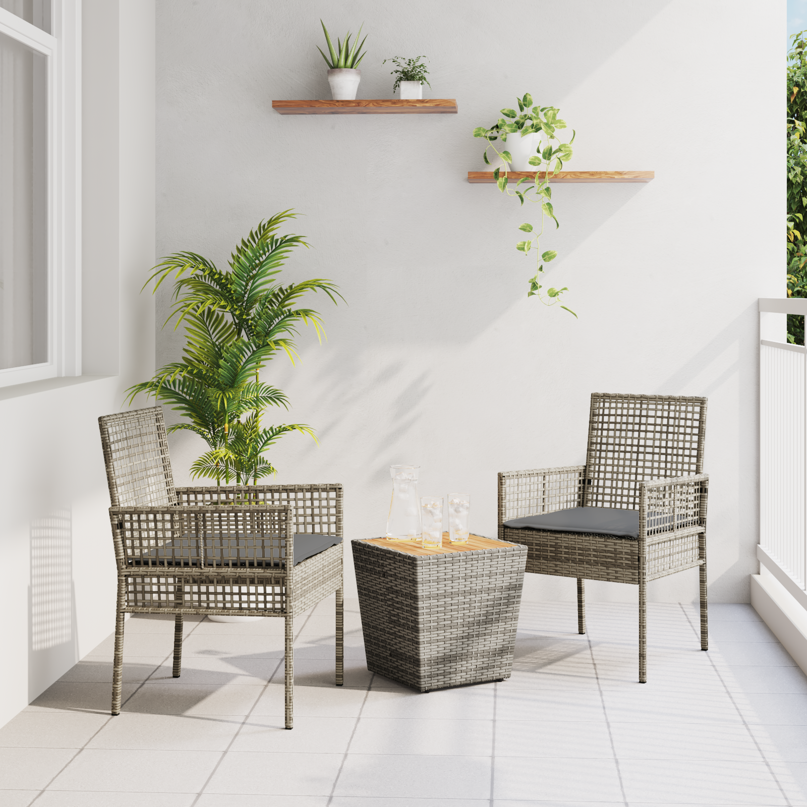 3 Piece Garden Bistro Set with Cushions Grey Poly Rattan