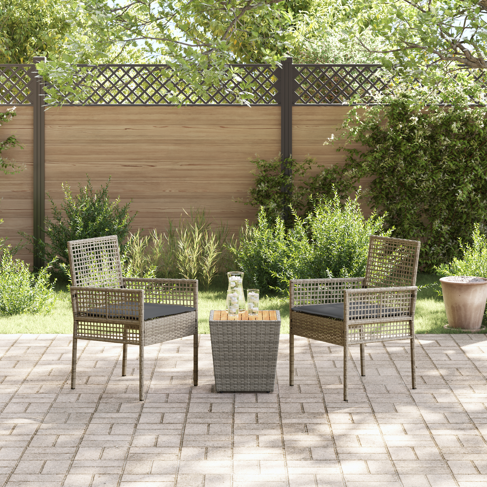 3 Piece Garden Bistro Set with Cushions Grey Poly Rattan - Image 4