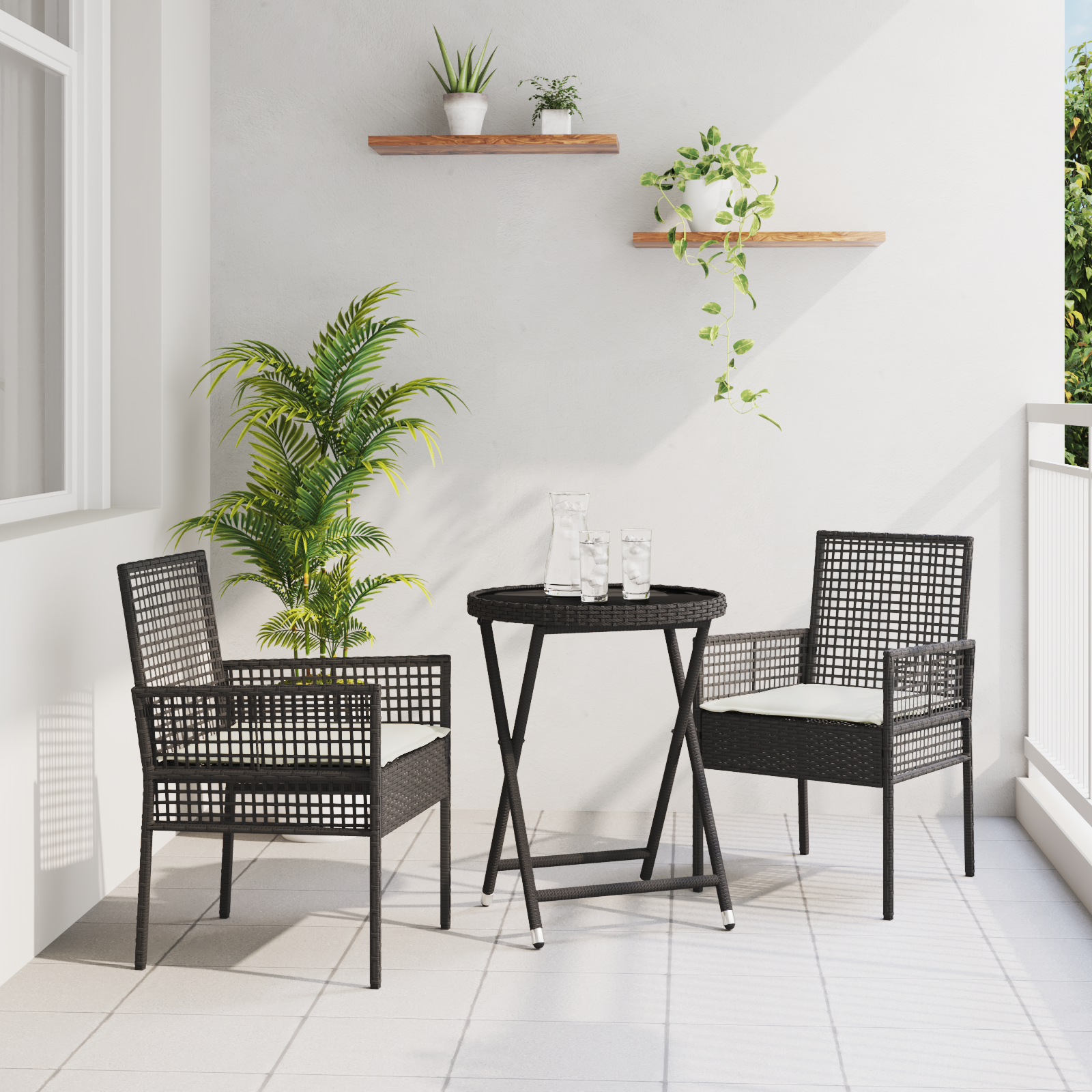 3 Piece Garden Bistro Set with Cushions Black Poly Rattan