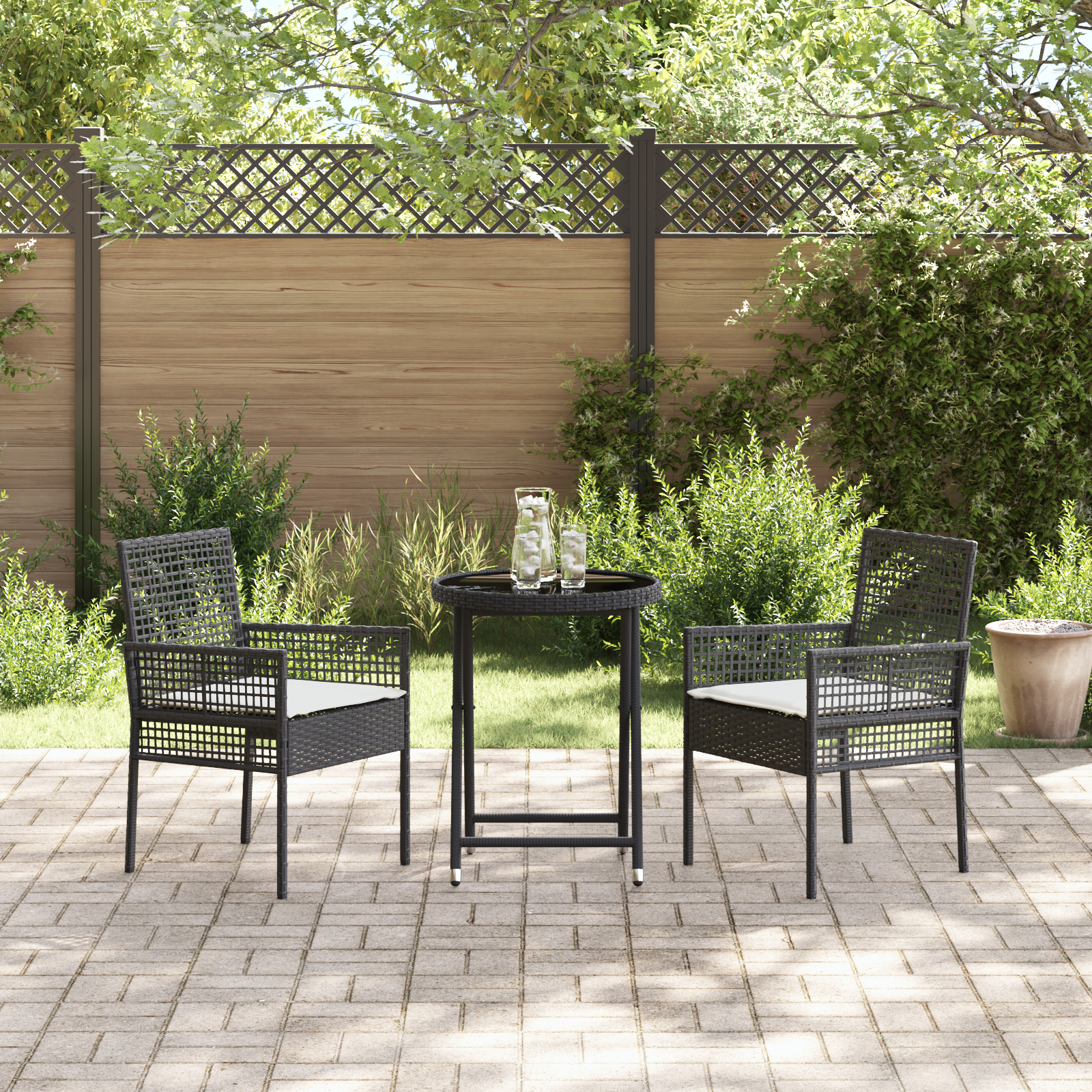 3 Piece Garden Bistro Set with Cushions Black Poly Rattan - Image 4