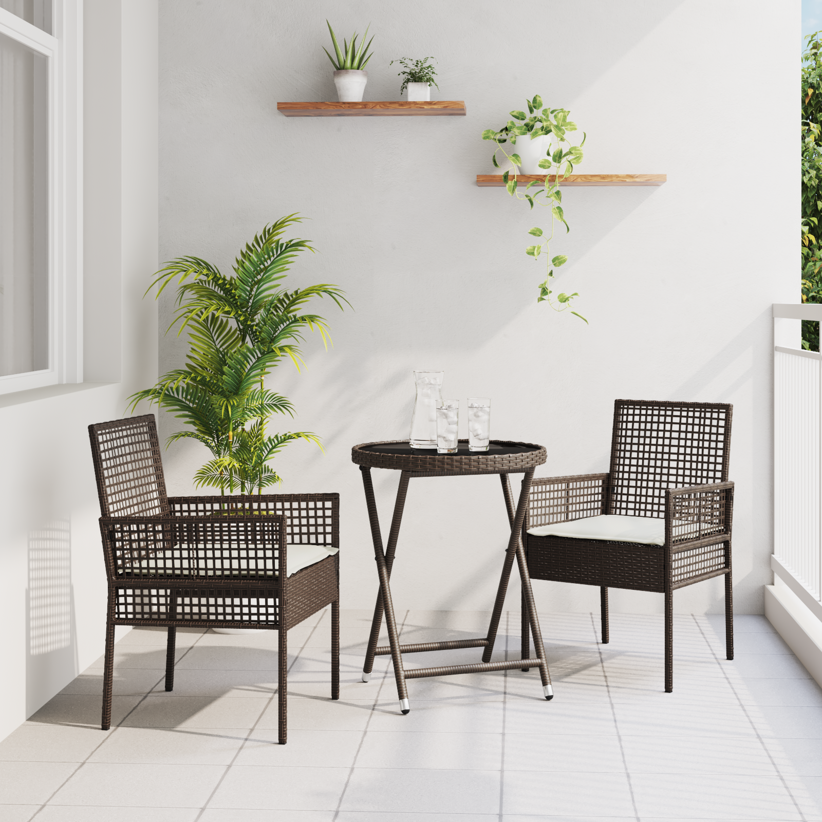 3 Piece Garden Bistro Set with Cushions Brown Poly Rattan