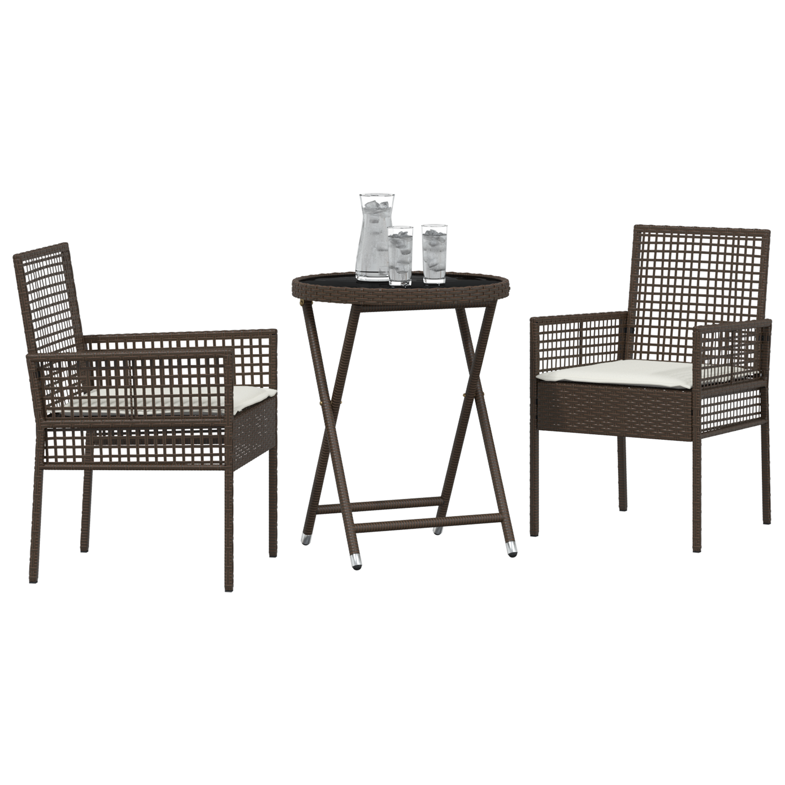3 Piece Garden Bistro Set with Cushions Brown Poly Rattan - Image 3