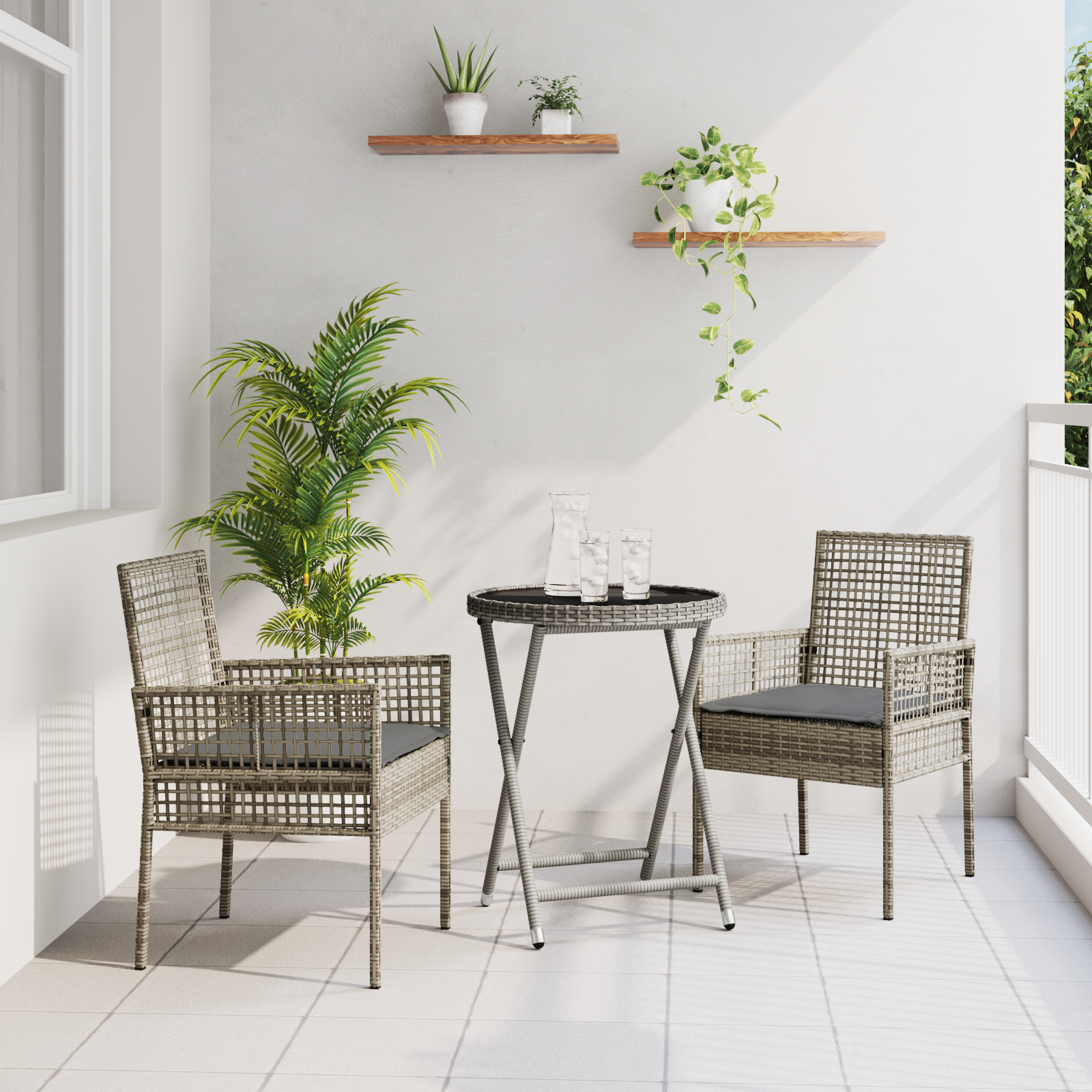 3 Piece Garden Bistro Set with Cushions Grey Poly Rattan