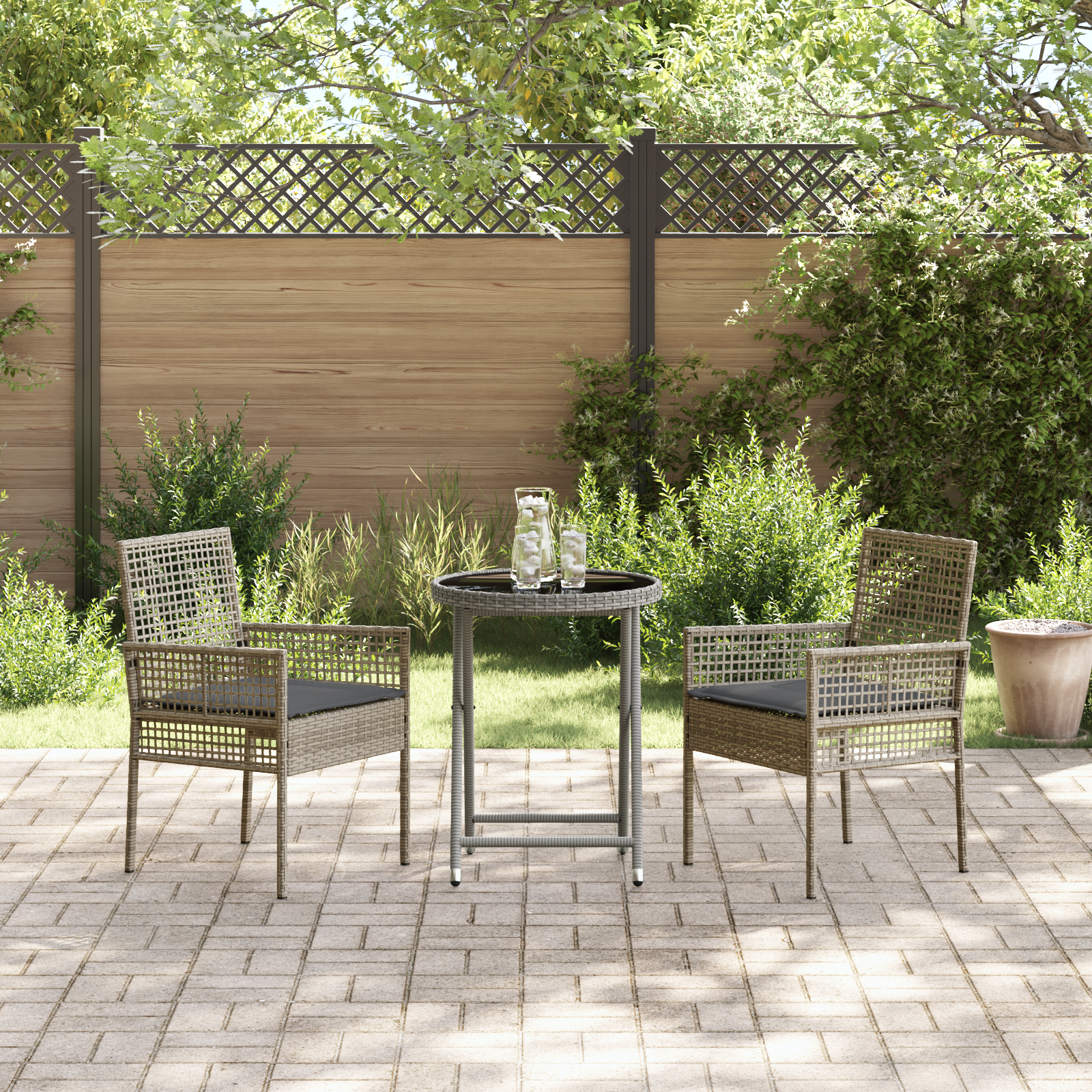 3 Piece Garden Bistro Set with Cushions Grey Poly Rattan - Image 4