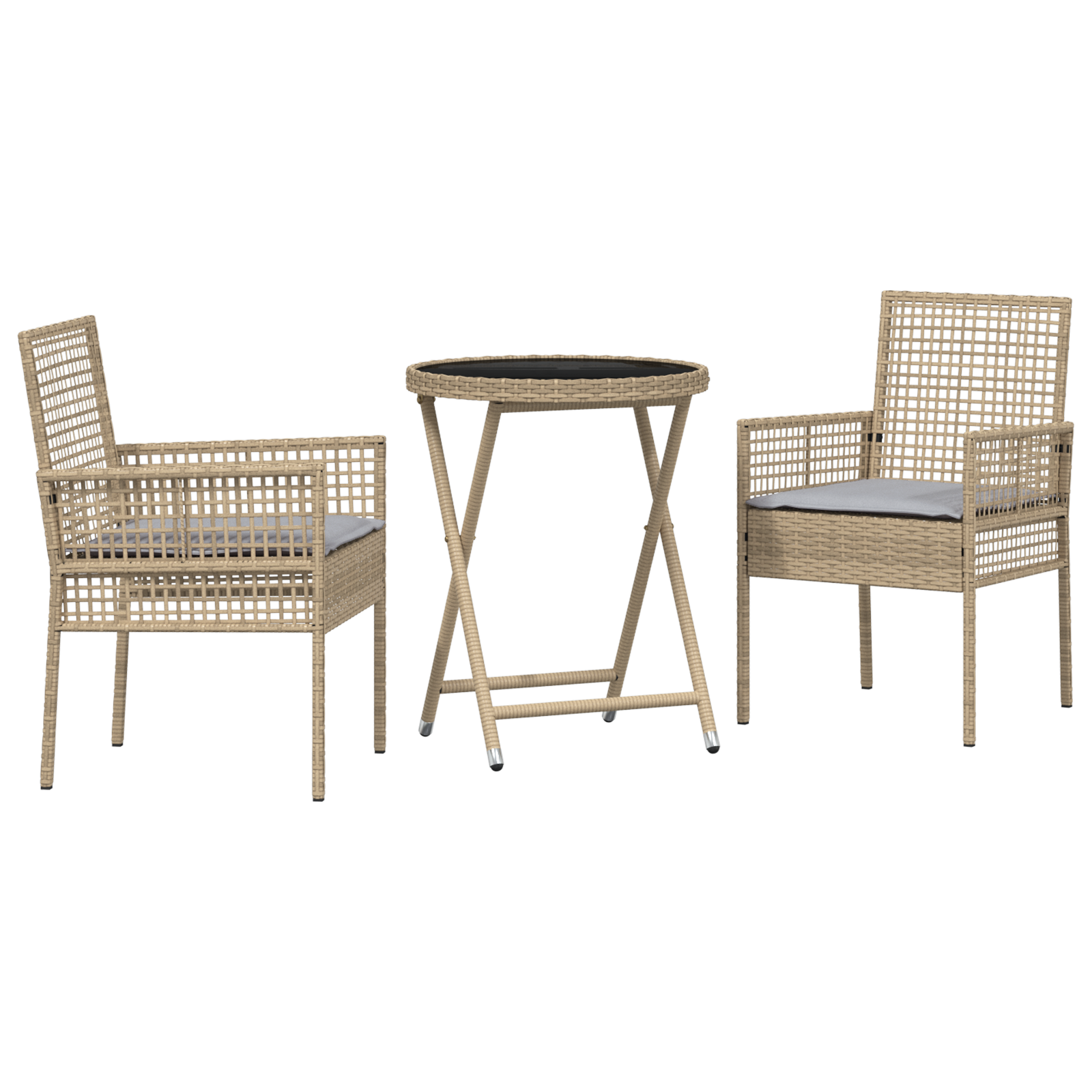 3 Piece Garden Bistro Set with Cushions Beige Poly Rattan - Image 2