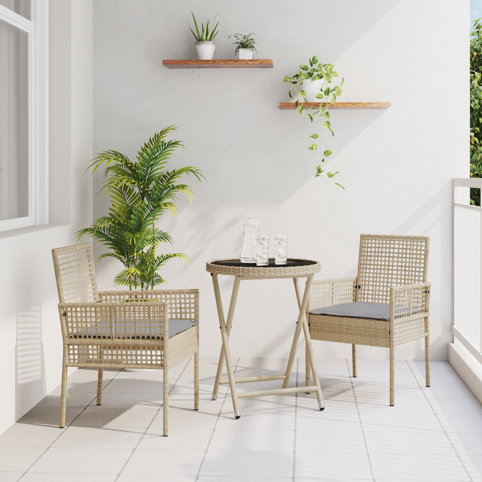 3 Piece Garden Bistro Set with Cushions Beige Poly Rattan