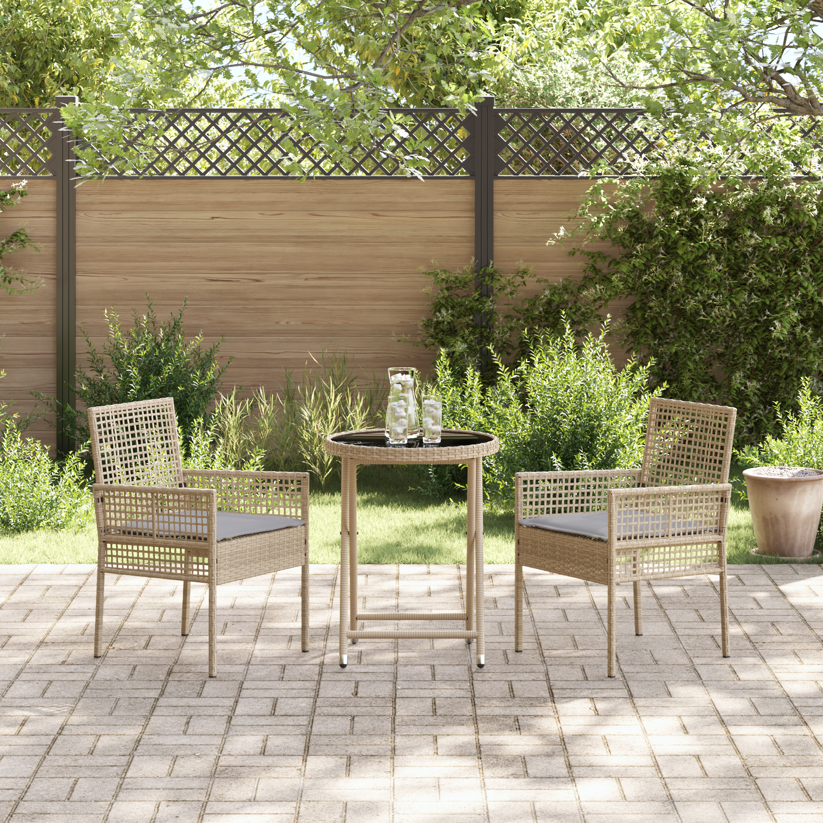 3 Piece Garden Bistro Set with Cushions Beige Poly Rattan - Image 4