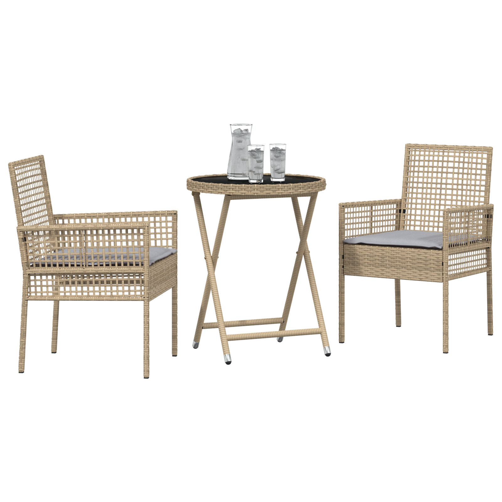 3 Piece Garden Bistro Set with Cushions Beige Poly Rattan - Image 3