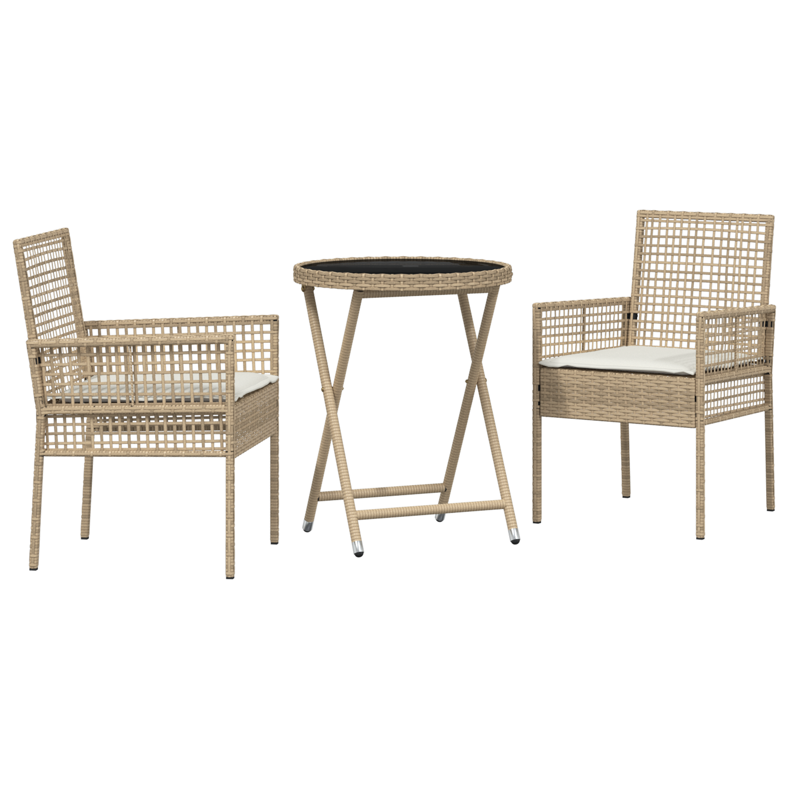 3 Piece Garden Bistro Set with Cushions Beige Poly Rattan - Image 2