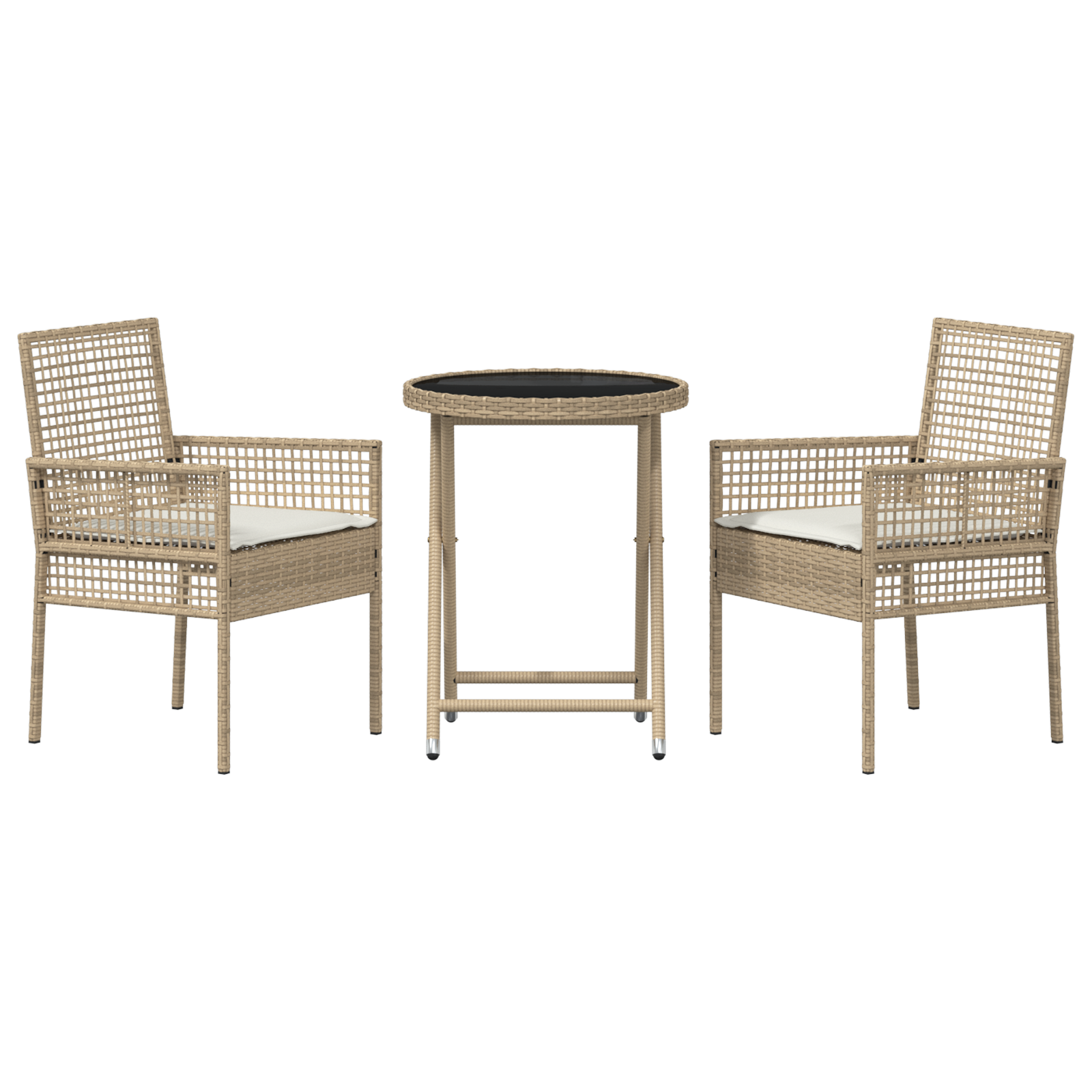 3 Piece Garden Bistro Set with Cushions Beige Poly Rattan - Image 7