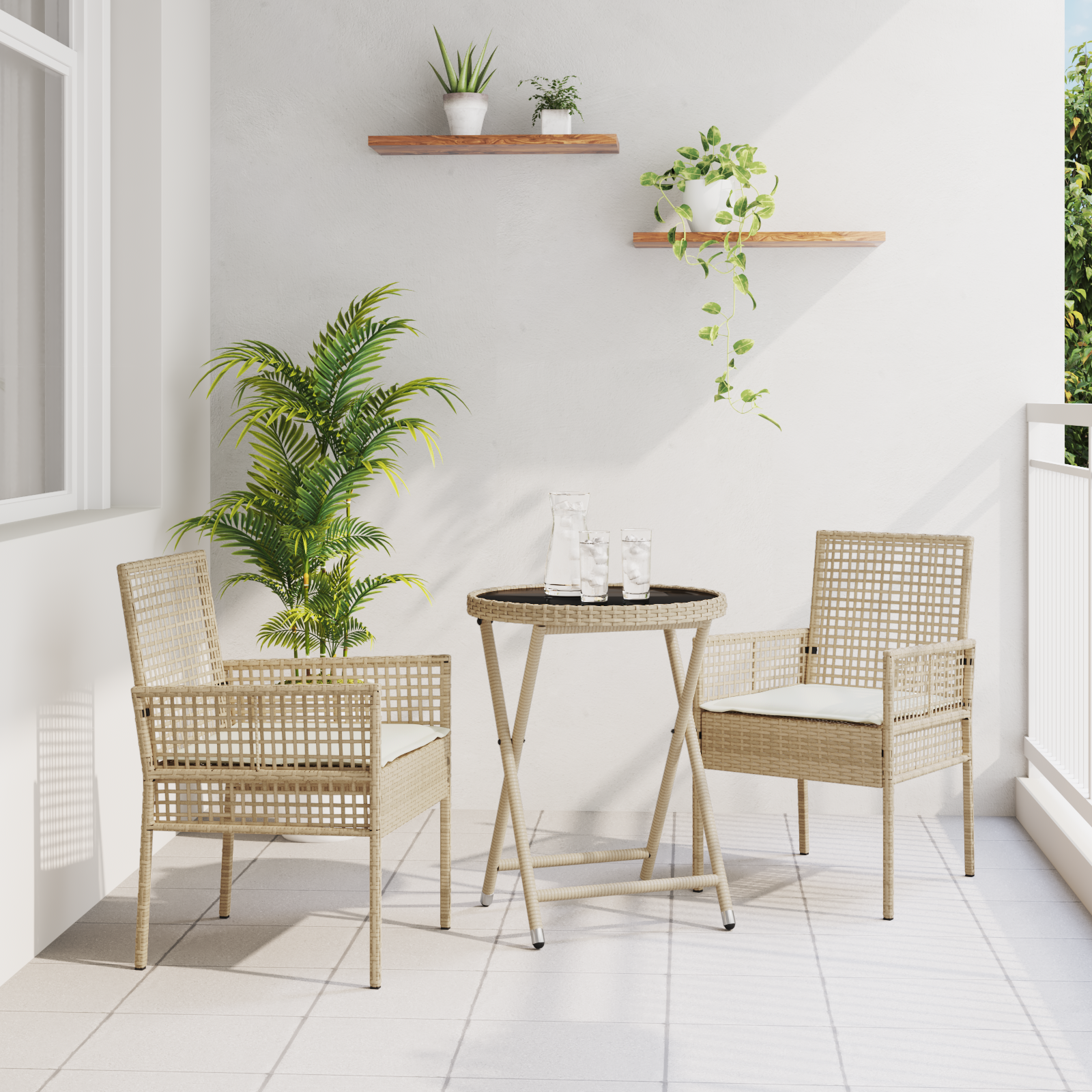 3 Piece Garden Bistro Set with Cushions Beige Poly Rattan
