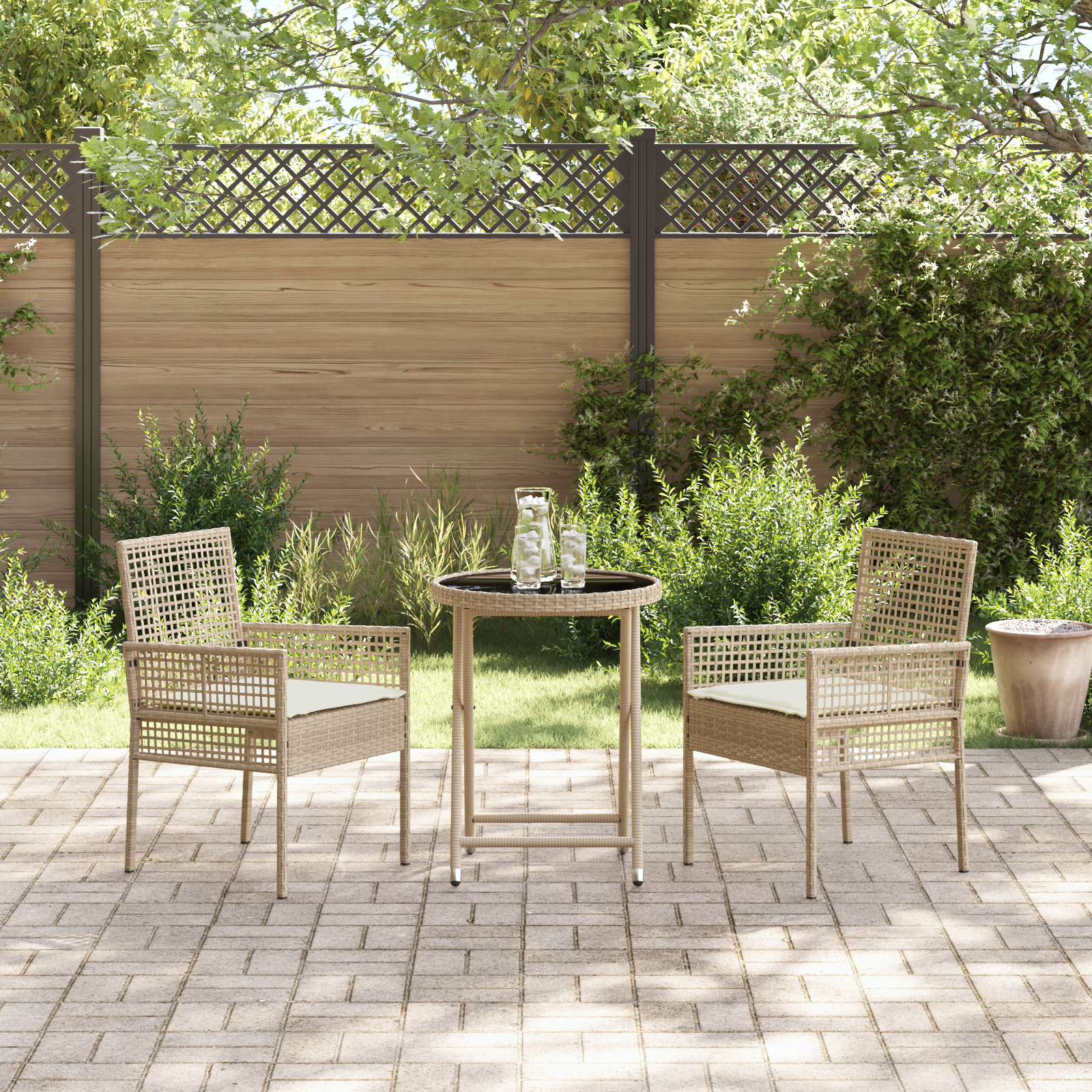 3 Piece Garden Bistro Set with Cushions Beige Poly Rattan - Image 4