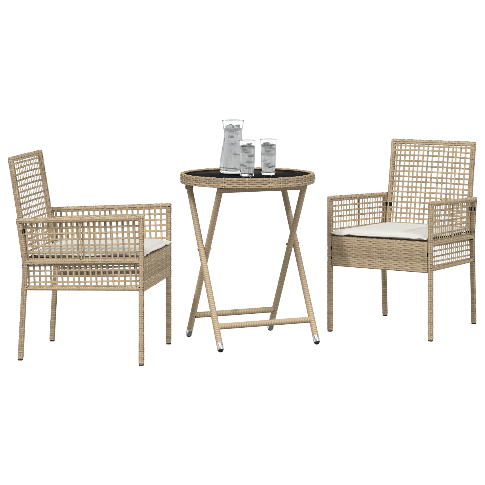 3 Piece Garden Bistro Set with Cushions Beige Poly Rattan - Image 3