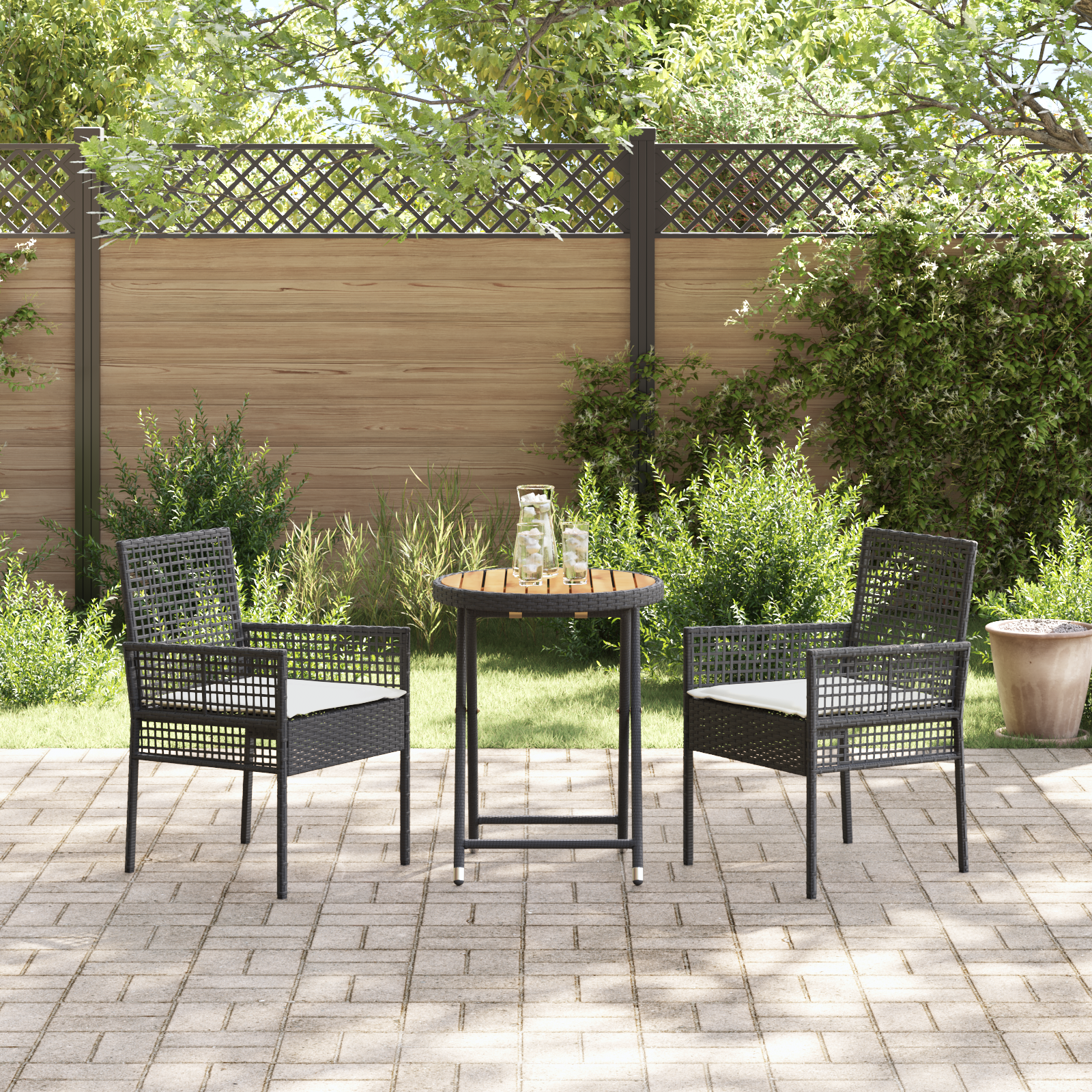 3 Piece Garden Bistro Set with Cushions Black Poly Rattan - Image 4