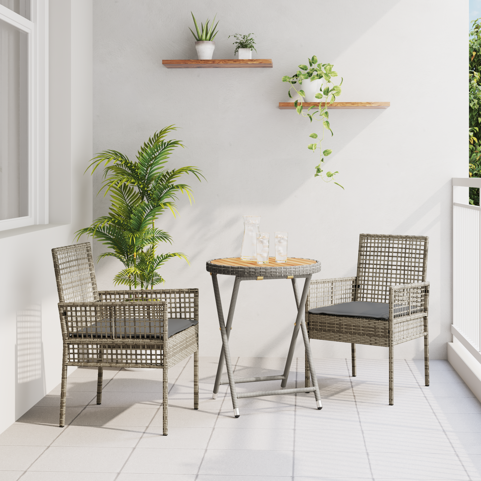 3 Piece Garden Bistro Set with Cushions Grey Poly Rattan