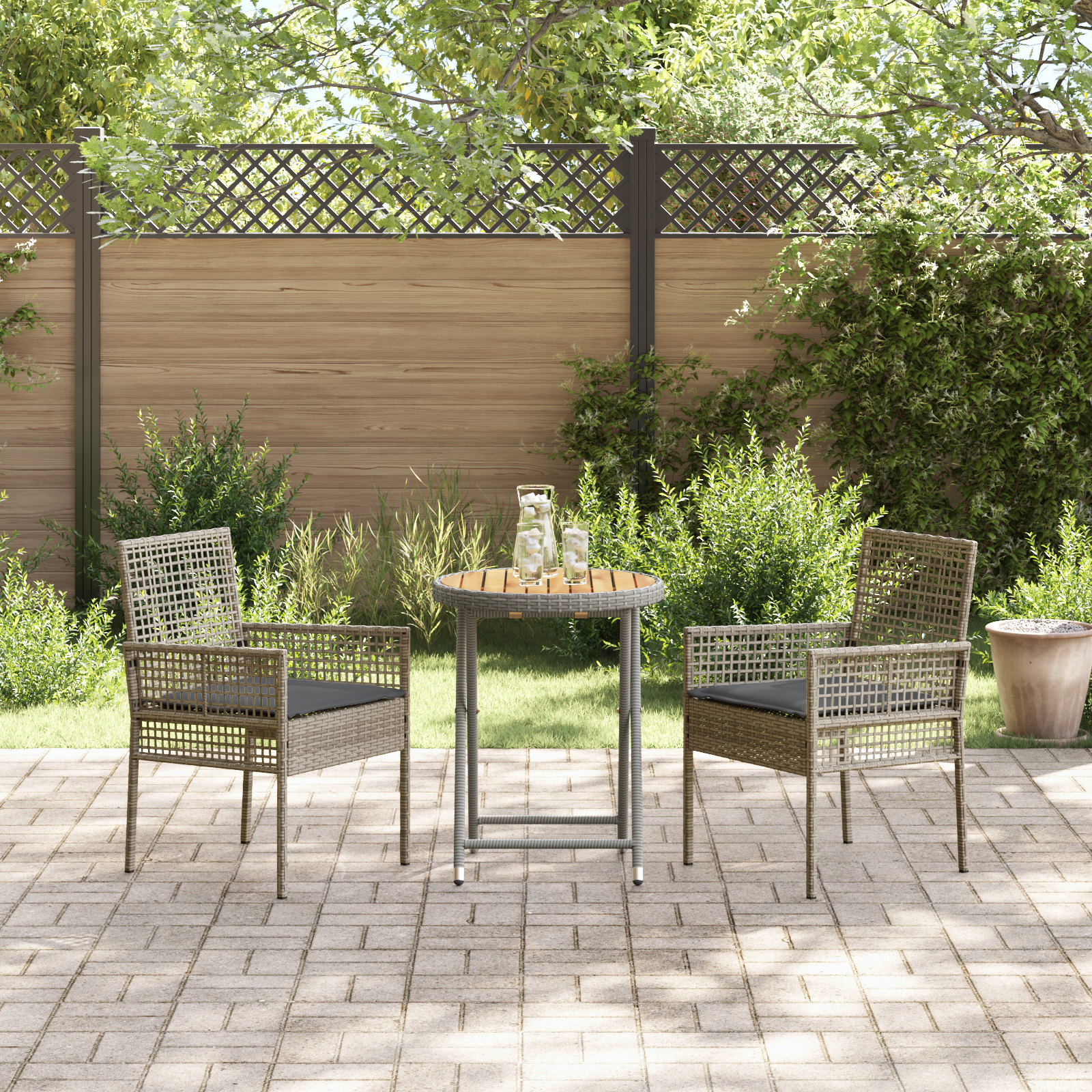 3 Piece Garden Bistro Set with Cushions Grey Poly Rattan - Image 4
