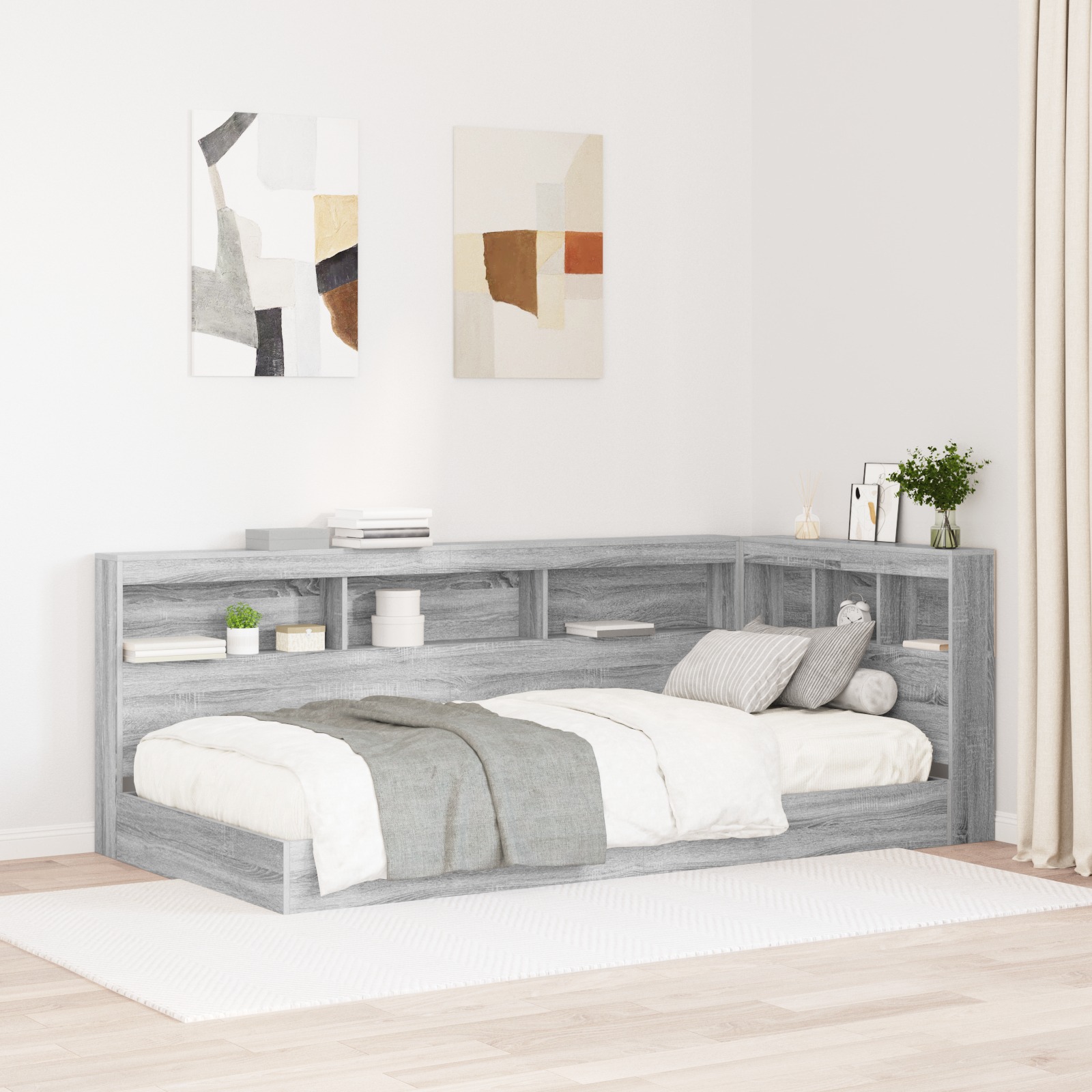 Knygų lentynos lova pilka Sonoma 90x200 cm iš inžinerinės medienos