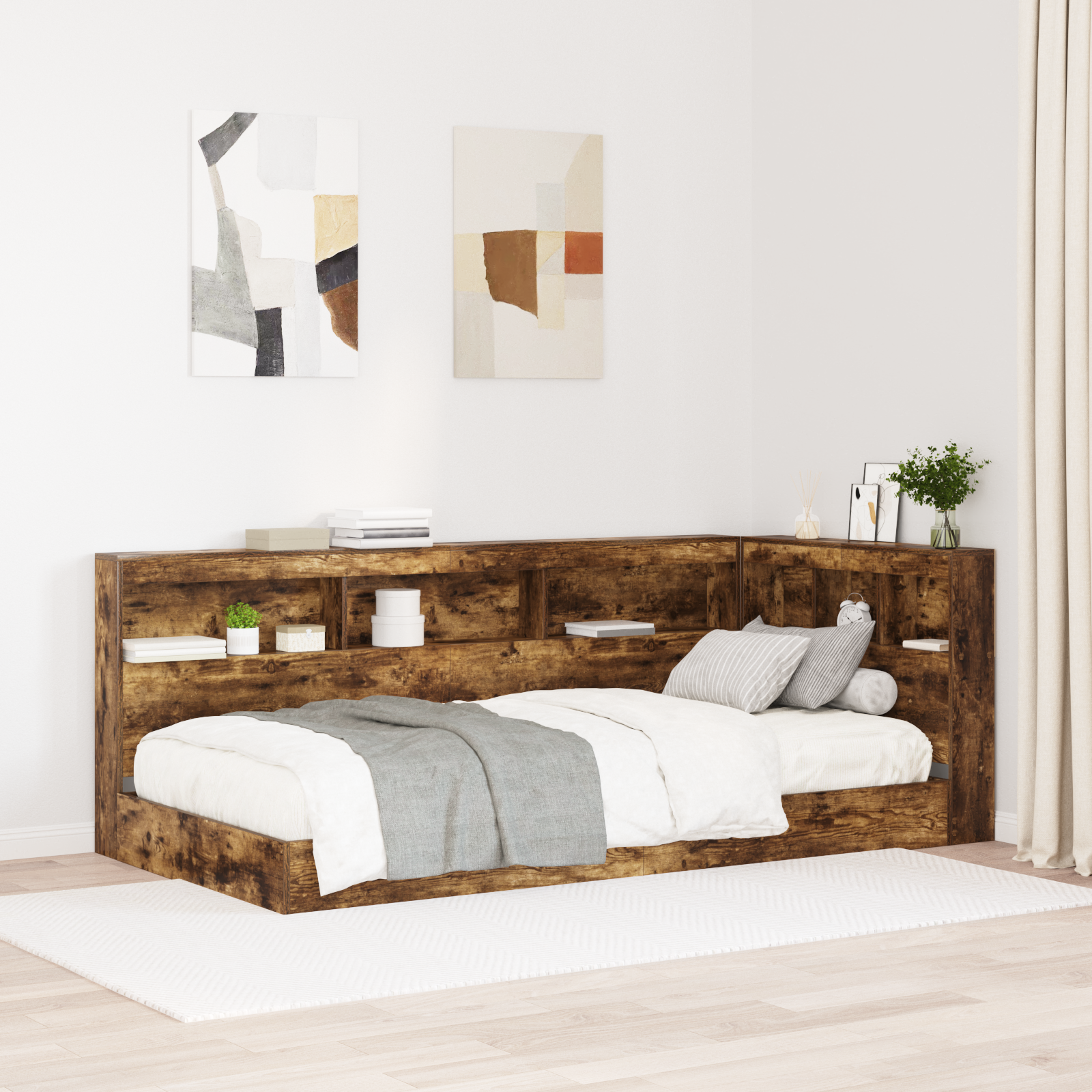 vidaXL Pat cu rafturi din stejar afumat, 100 x 200 cm, lemn stratificat