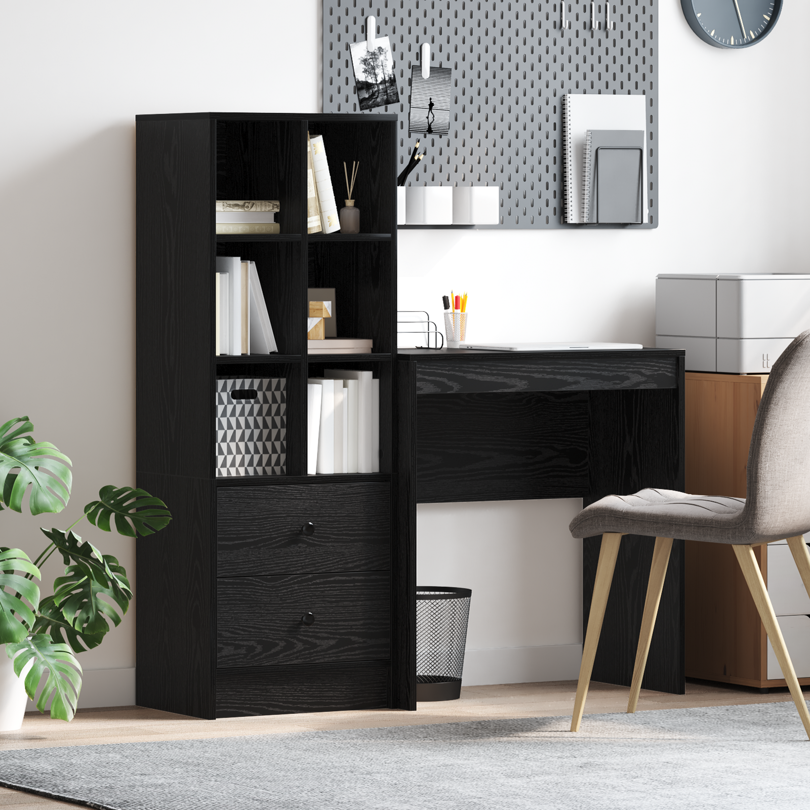 Desk with Storage Black Oak Engineered Wood