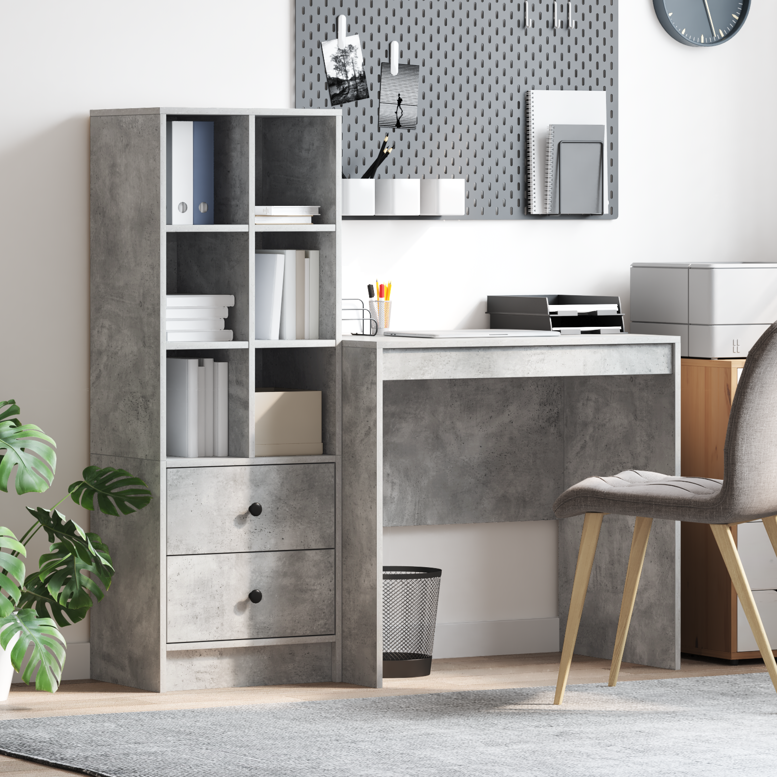 Desk with Storage Concrete Grey Engineered Wood