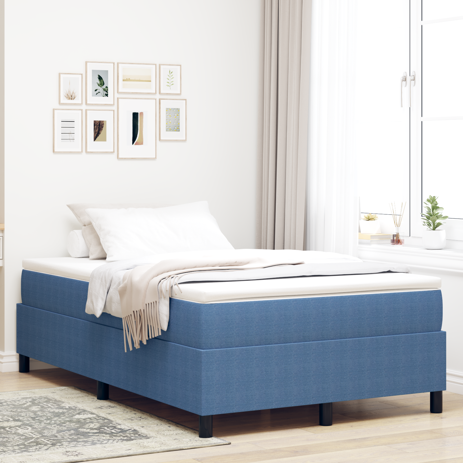 Box Spring Bed Blue Small Double Corduroy Fabric