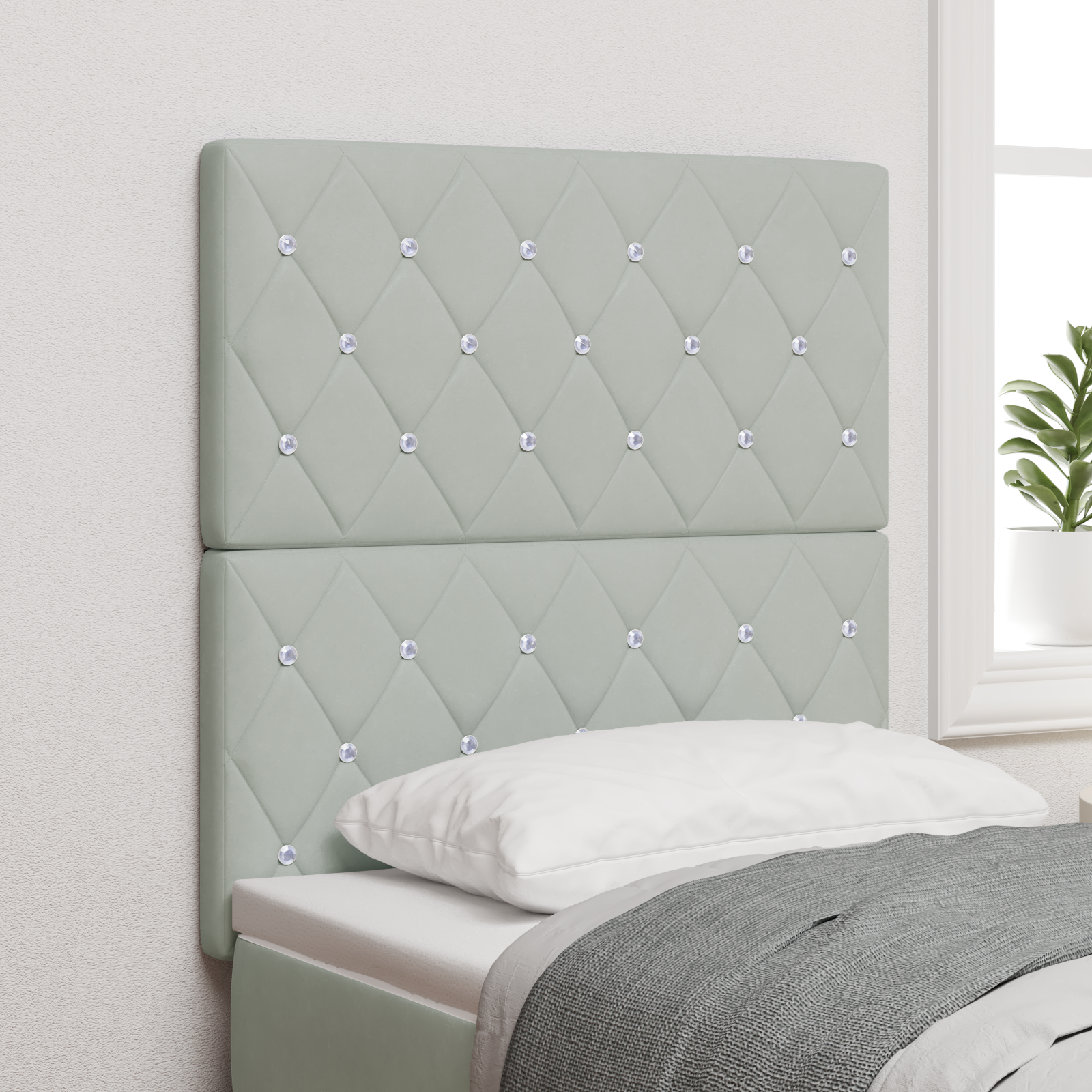Headboard Crystal Button Tufted Light Grey 80 cm Velvet