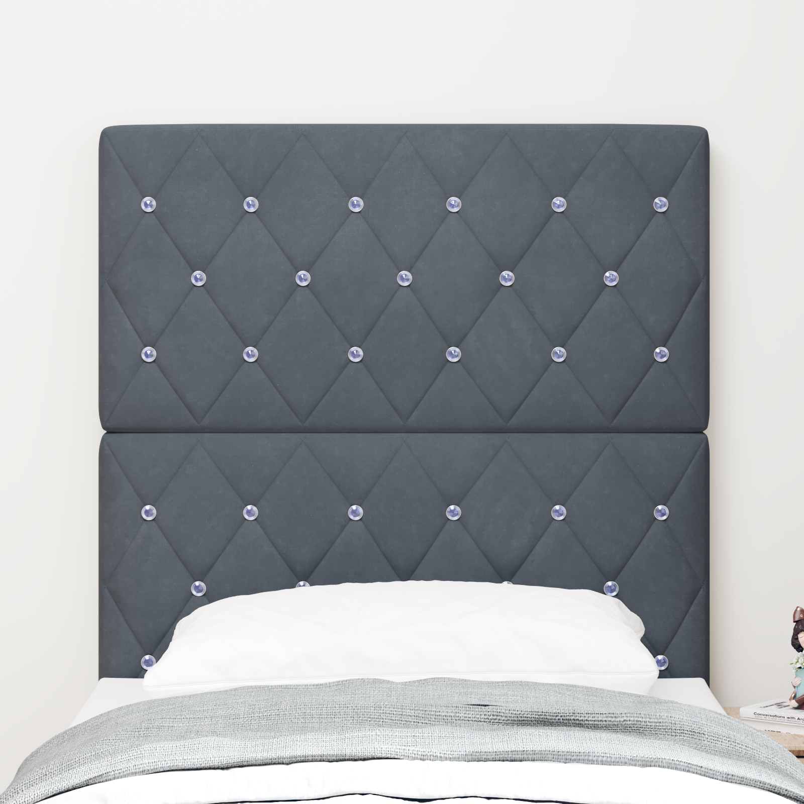 Headboard Crystal Button Tufted Dark Grey 80 cm Velvet - Image 3
