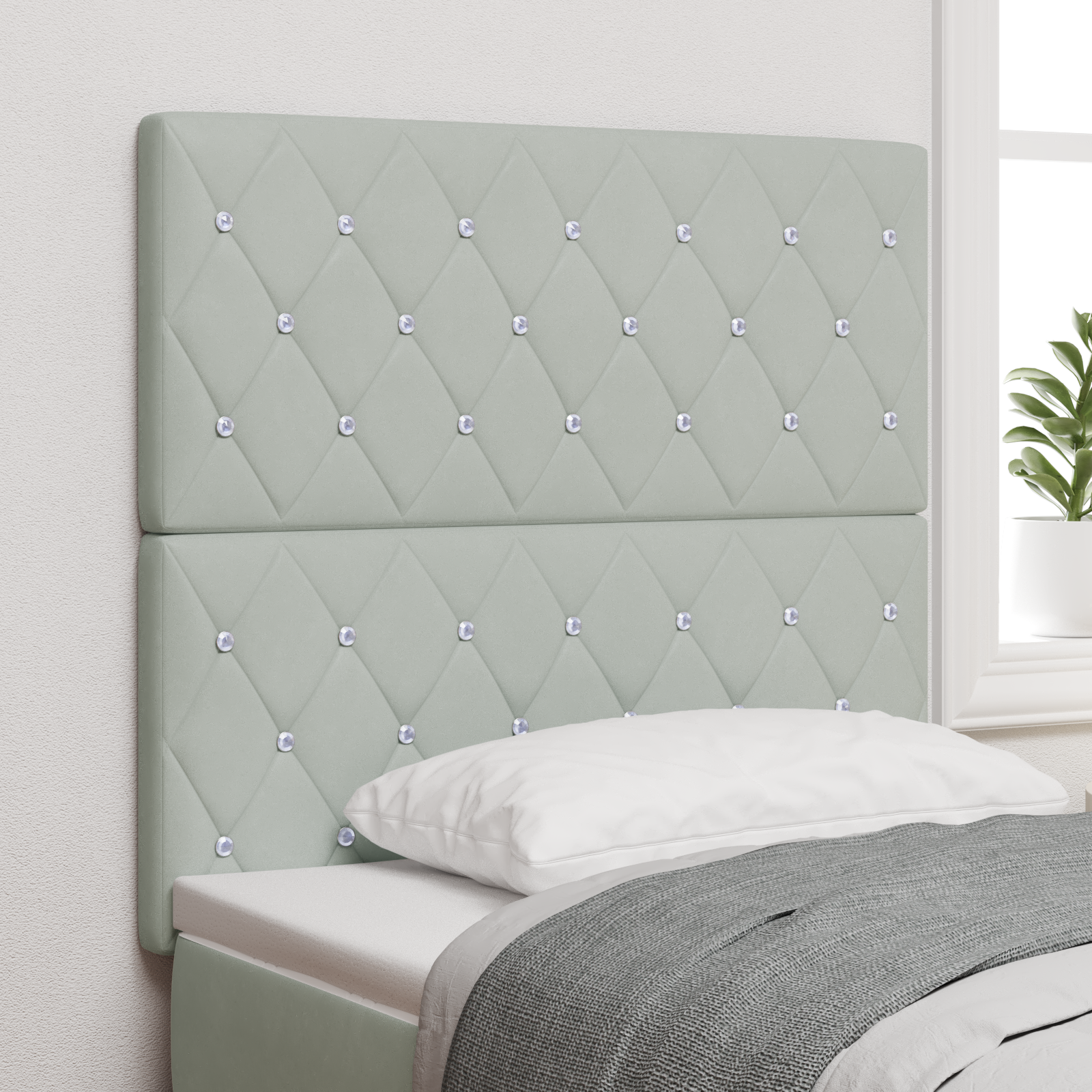 Headboard Crystal Button Tufted Light Grey 90 cm Velvet