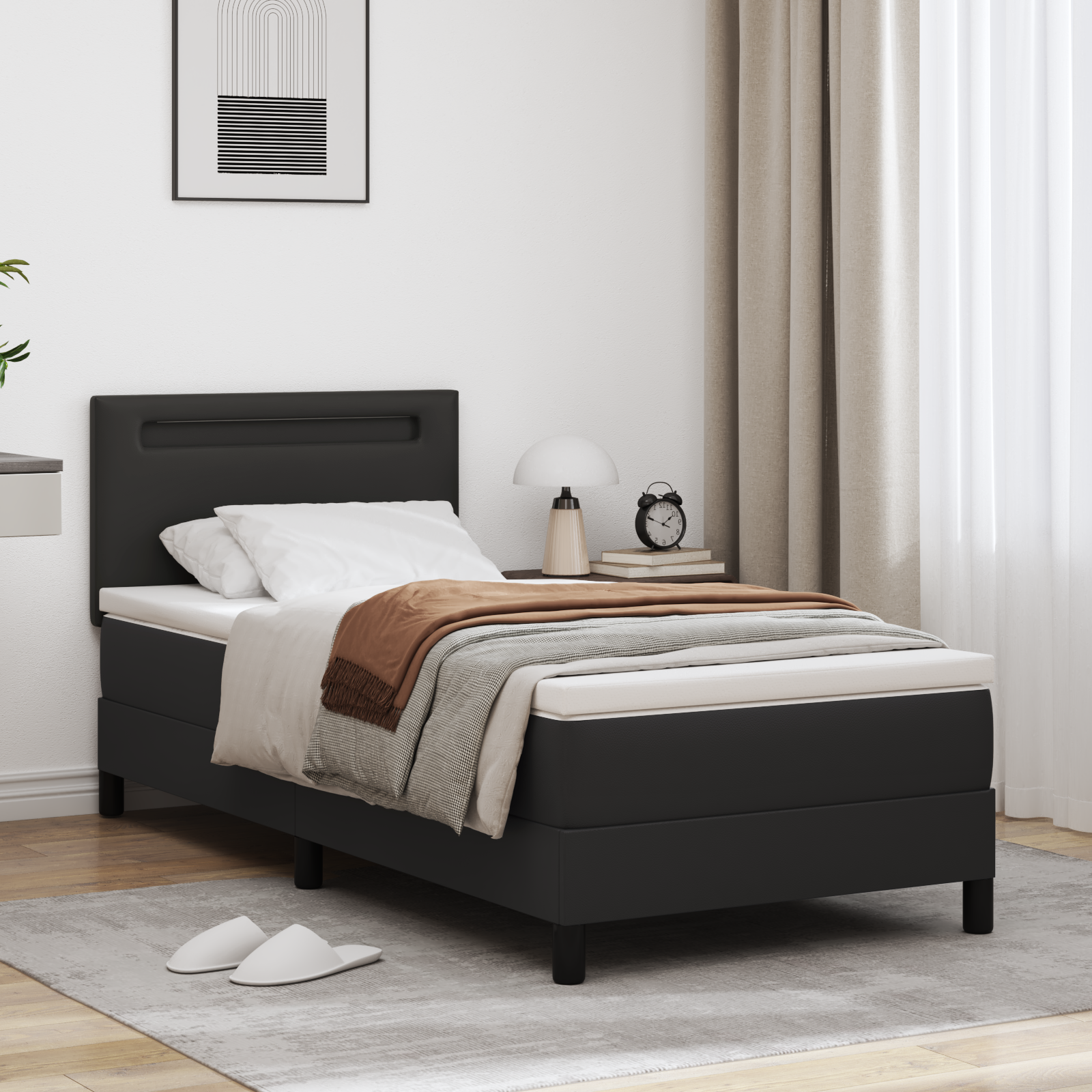 Box Spring Bed with Mattress Black Single Faux Leather