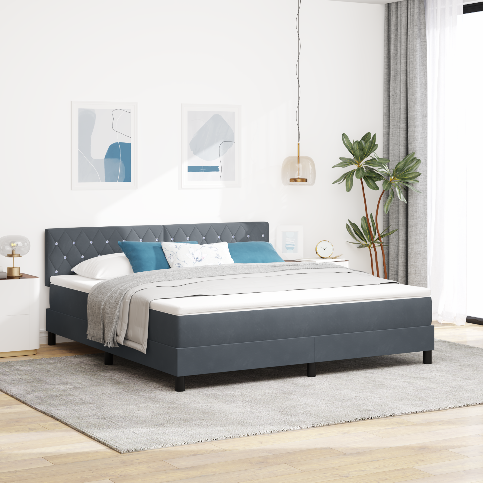 Letto Box Spring con Materasso Grigio Scuro Super King in Velluto