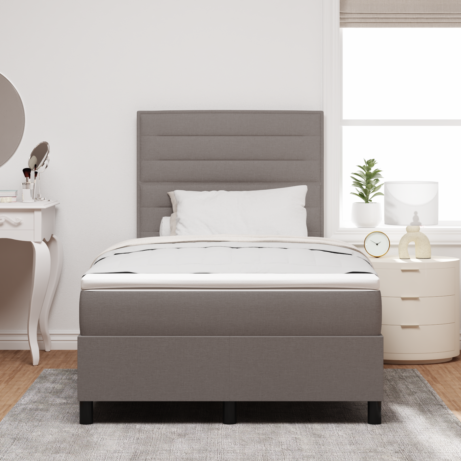 Boxspringbett mit Matratze in Taupe – Kleines Doppelbett aus Stoff – Bild 5