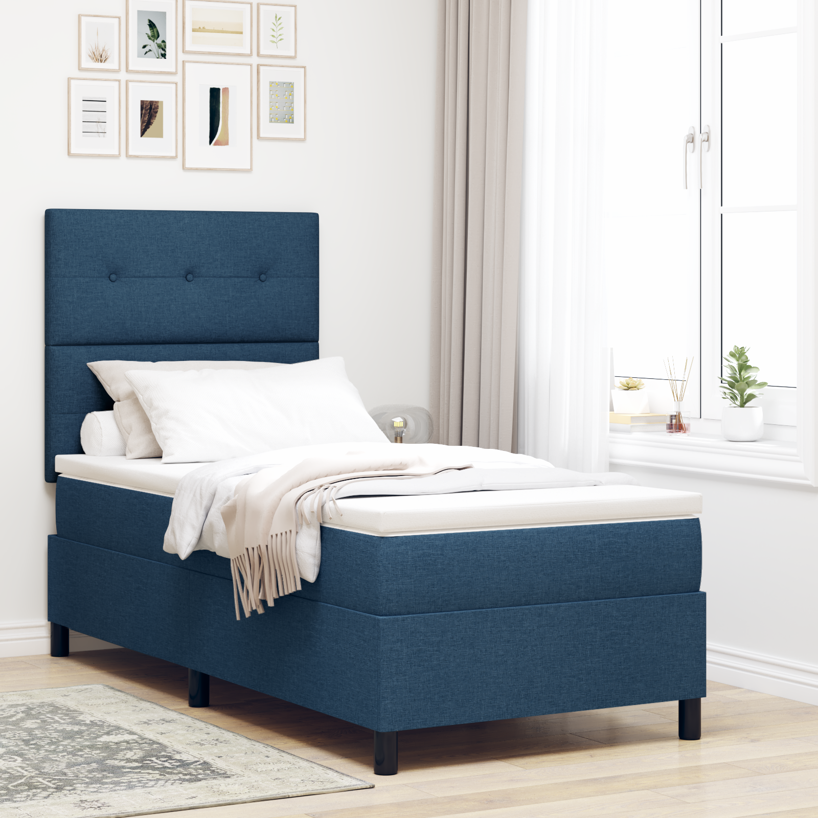 Box Spring lova su čiužiniu mėlyna 90x200 cm audinys