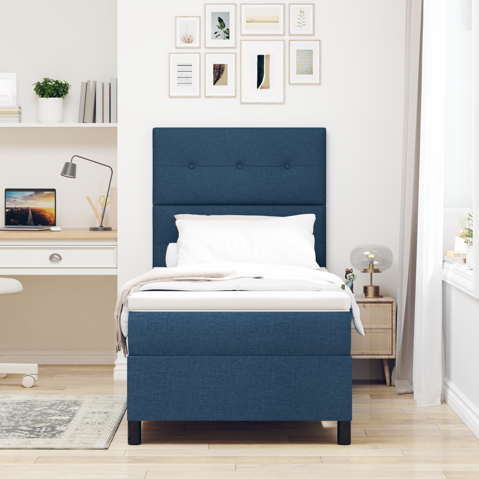 Box Spring lova su čiužiniu mėlyna 90x200 cm audinys - Image 5