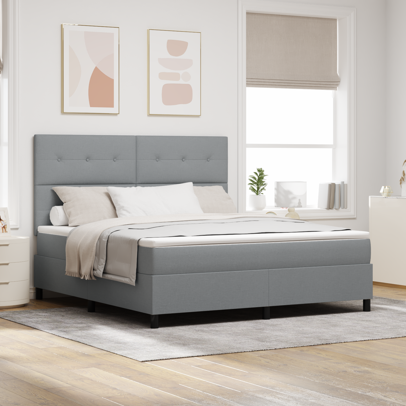 Letto con box spring con materasso grigio chiaro in tessuto