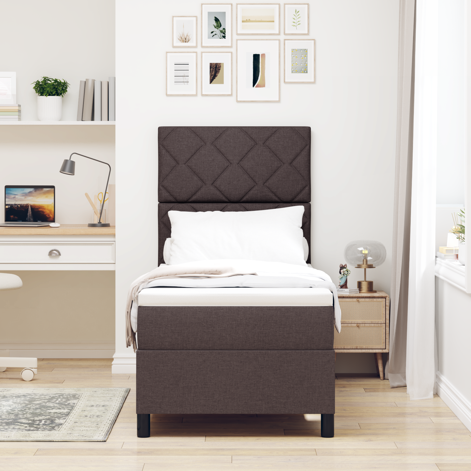 Bokštinė lova su čiužiniu tamsiai ruda 80x200 cm audinys - Image 5