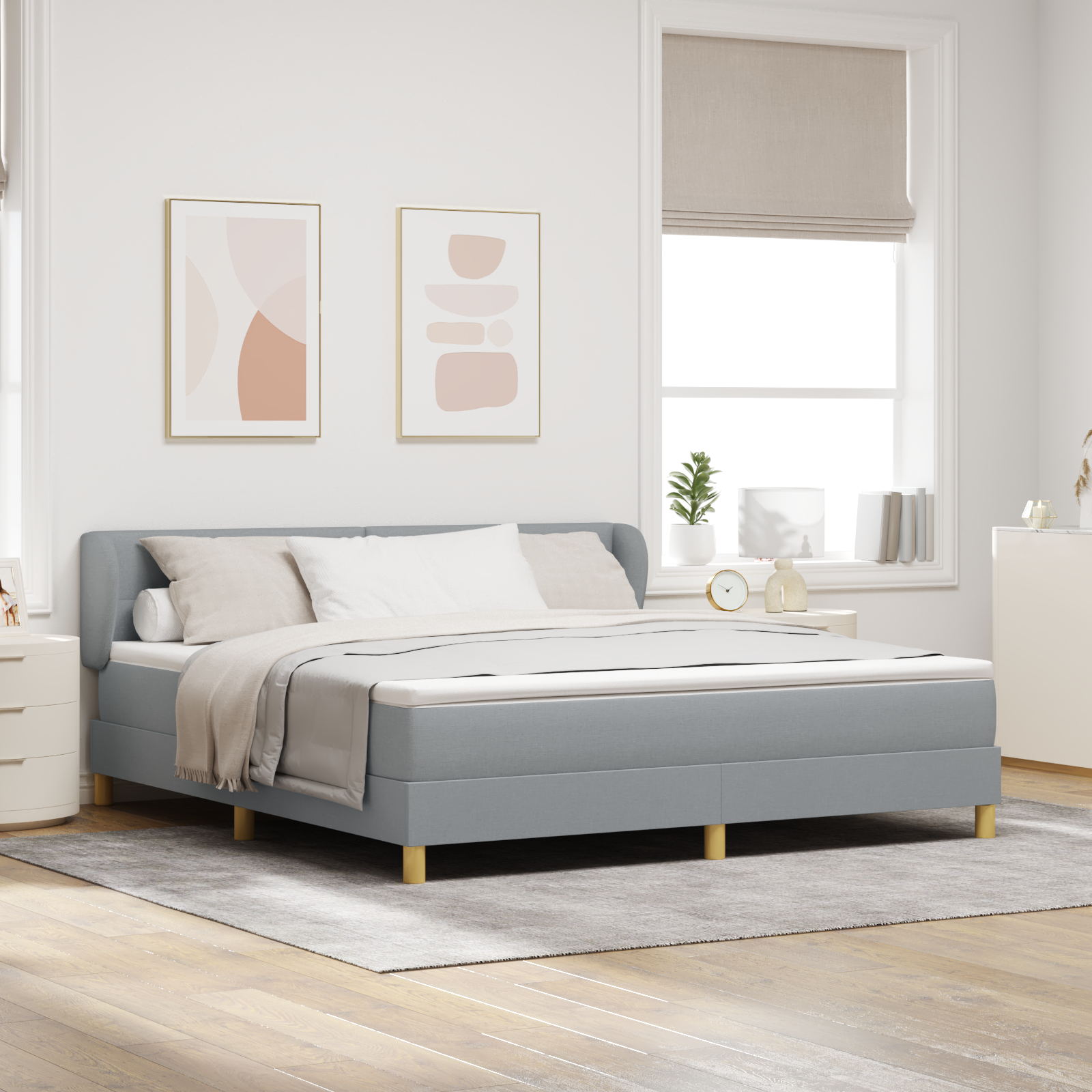 Letto Box Spring con Materasso in Grigio Chiaro, 180x200 cm, Tessuto