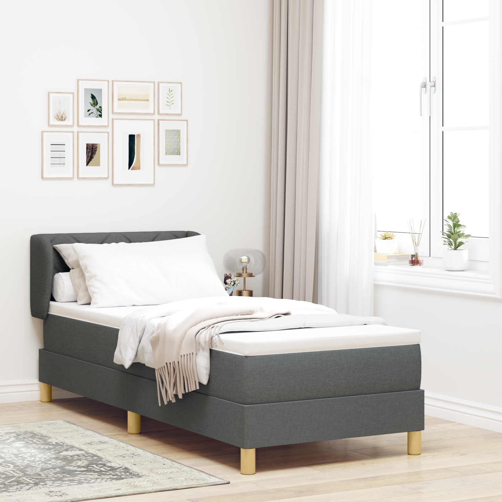 Box Spring Bed with Mattress in Dark Grey, 80x200 cm, Fabric