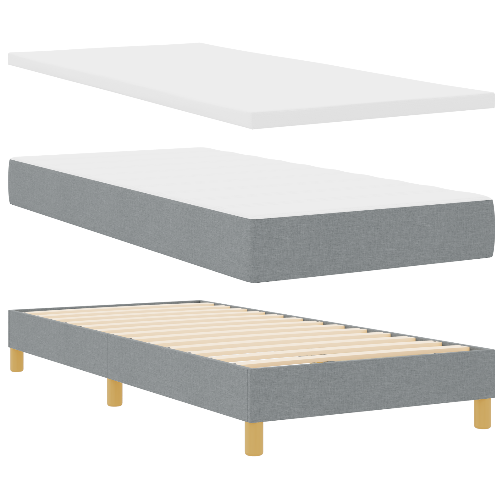 Box Spring Bed with Mattress - Light Grey, 90x200 cm, Fabric - Image 3