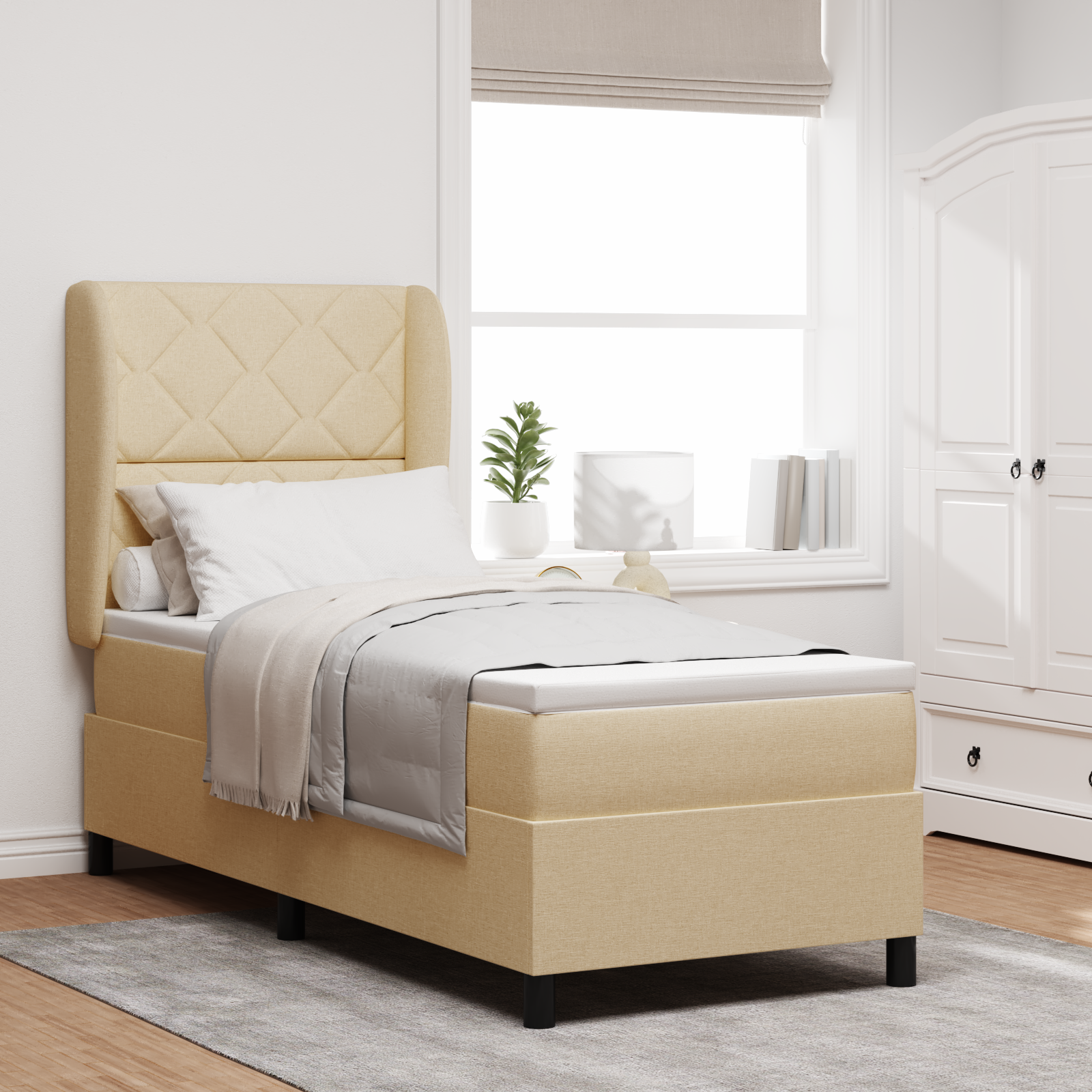 Box Spring Bed with Mattress - Cream, 80x200 cm Fabric