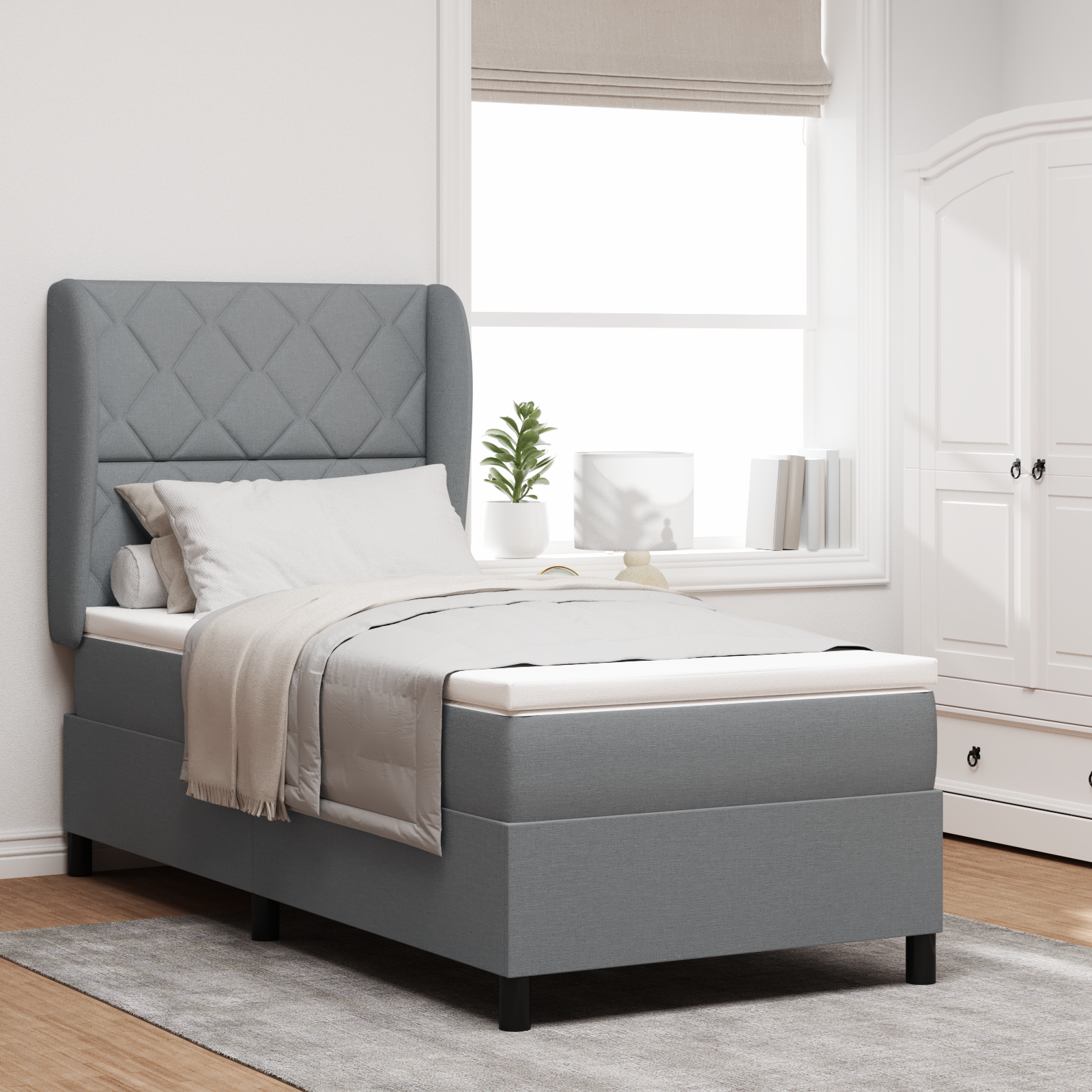 Box Spring Bed with Mattress - Light Gray, 90x200 cm, Fabric