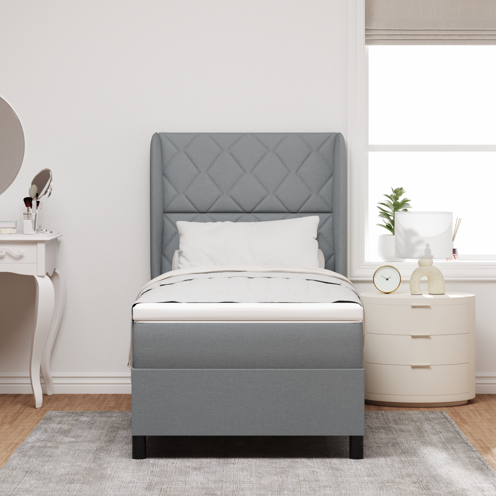 Box Spring Bed with Mattress - Light Gray, 90x200 cm, Fabric - Image 5