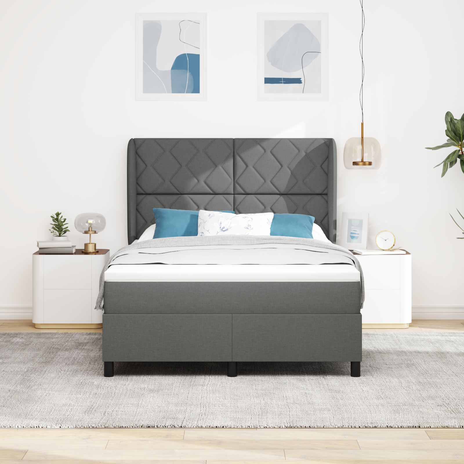 Box Spring Bed with Mattress - Dark Grey, 140x190 cm, Fabric - Image 5