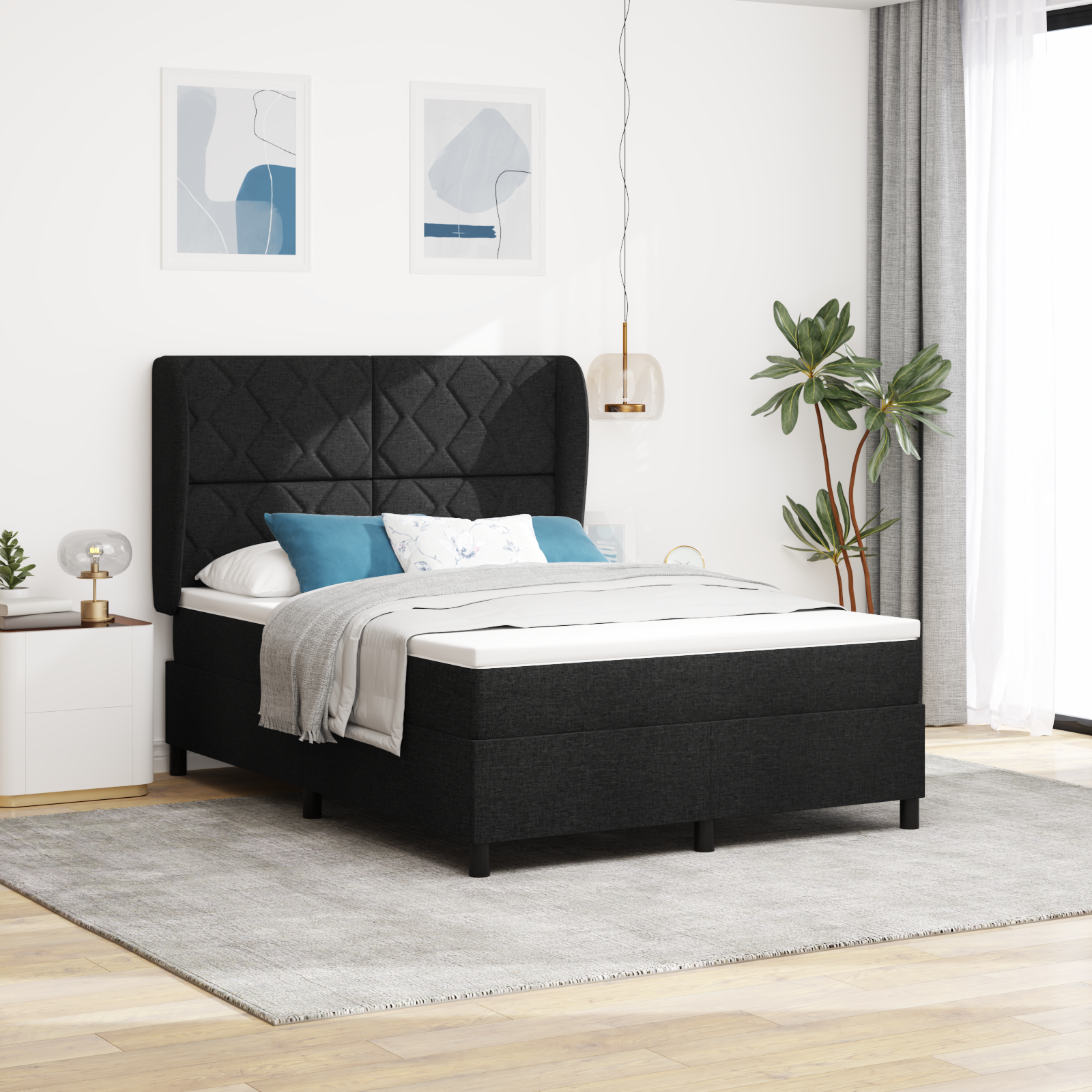 Box Spring Bed with Mattress - Black, 140x190 cm, Fabric