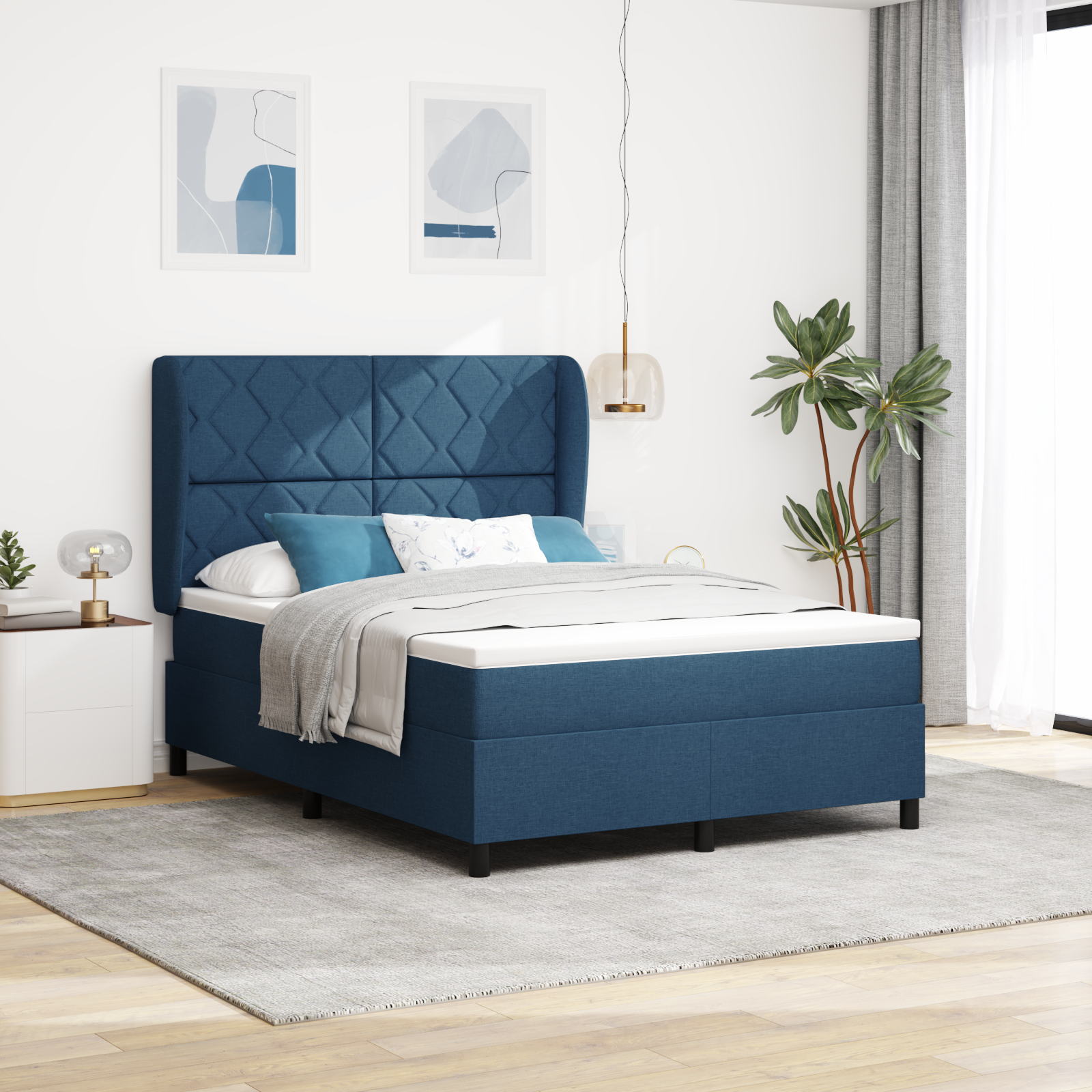 Box Spring Bed with Mattress - Blue, 140x190 cm, Fabric